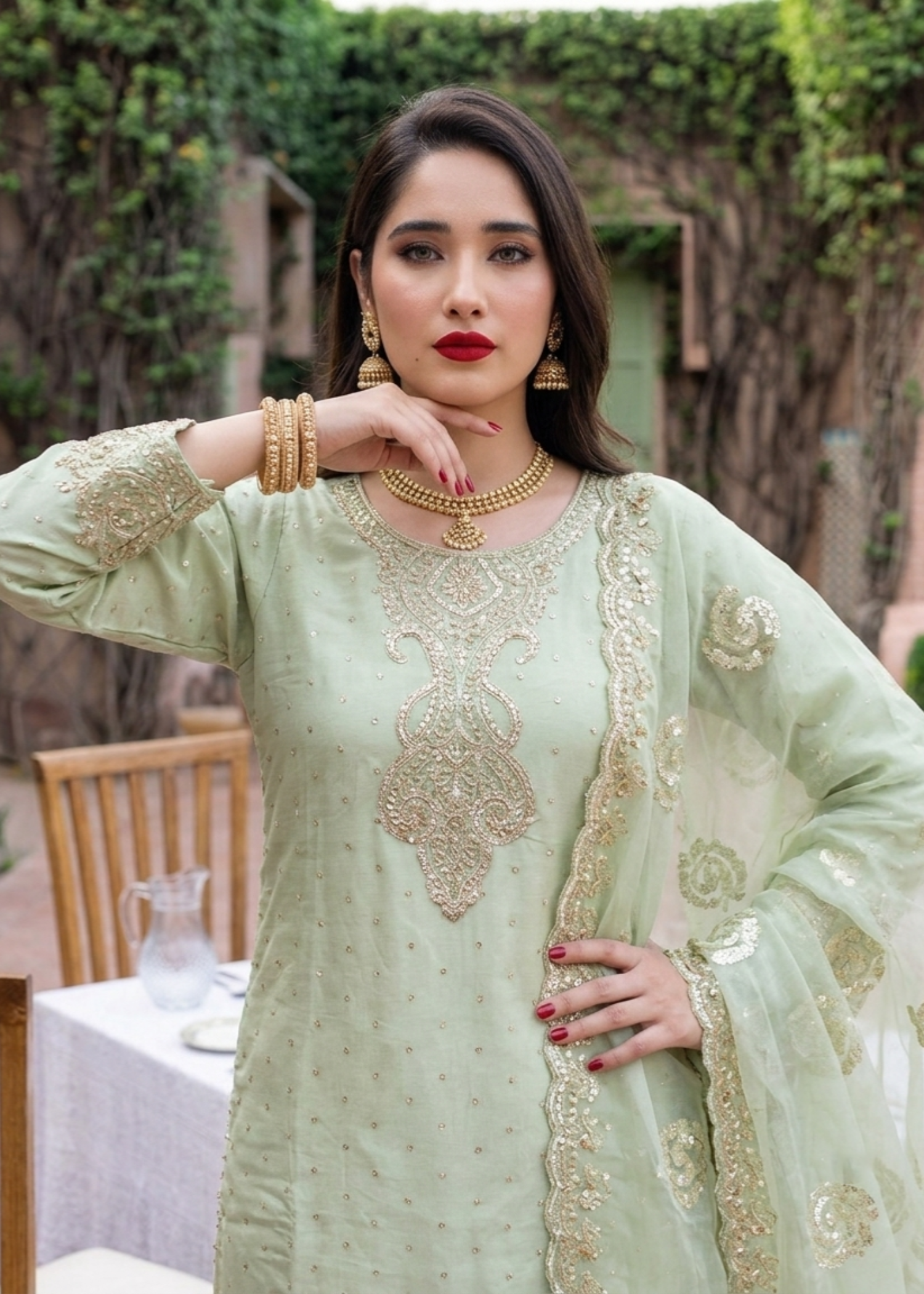 chiffon Kurta Set in Pistachio green