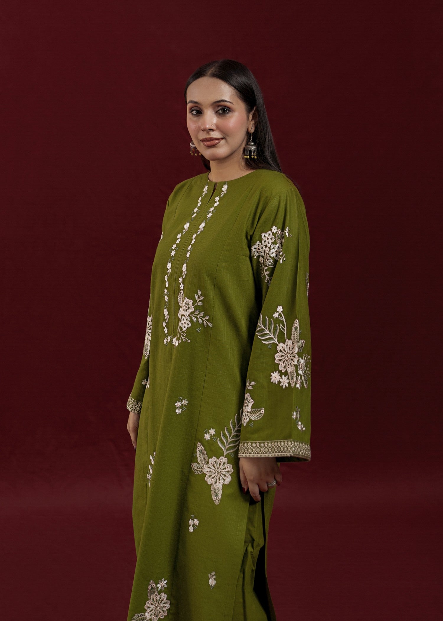 slub khaddar Kurta Set in Olive green