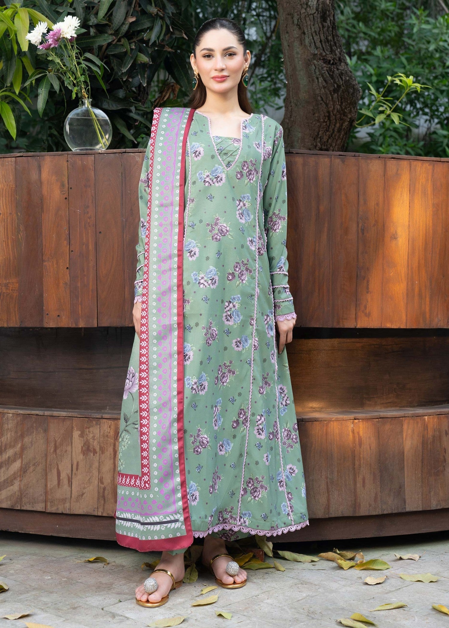 khaddar Gown in Pistachio green