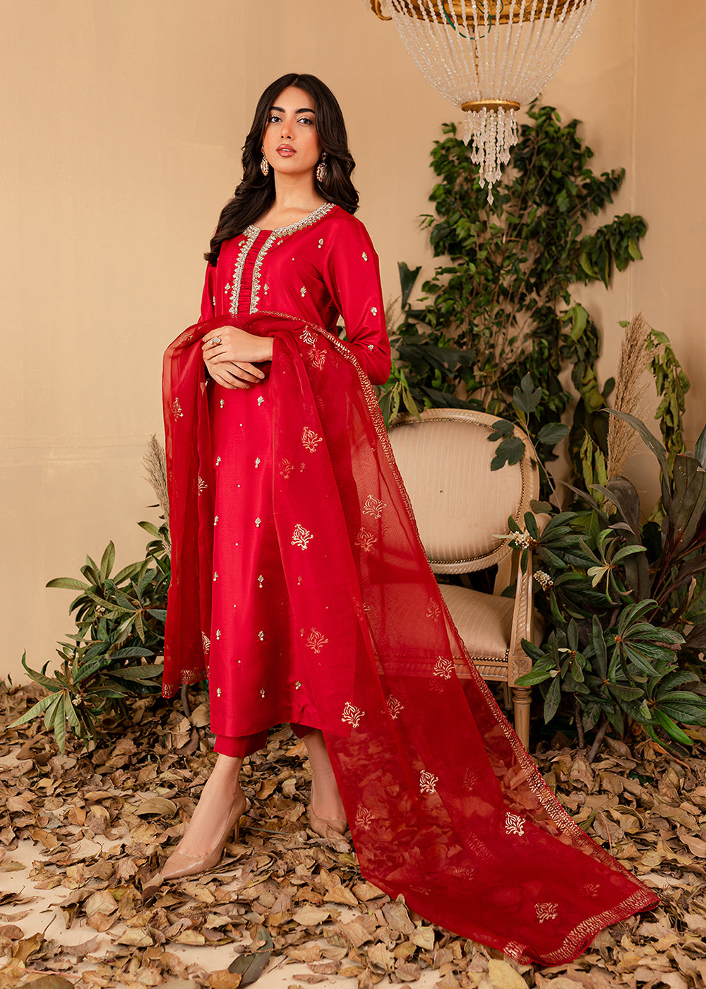 raw silk Kurta Set in Red
