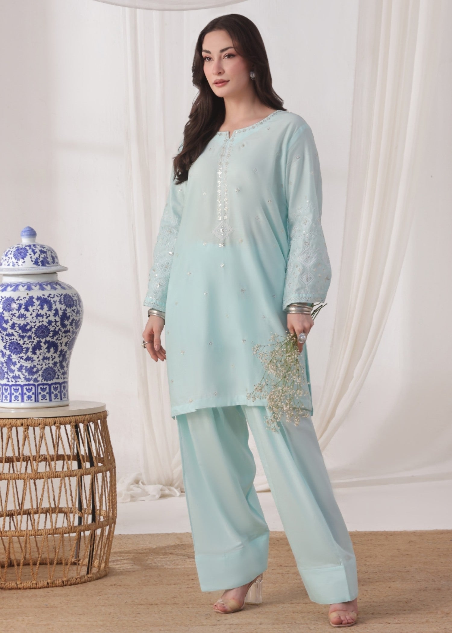 lawn cotton Kurta Set in Ice blue