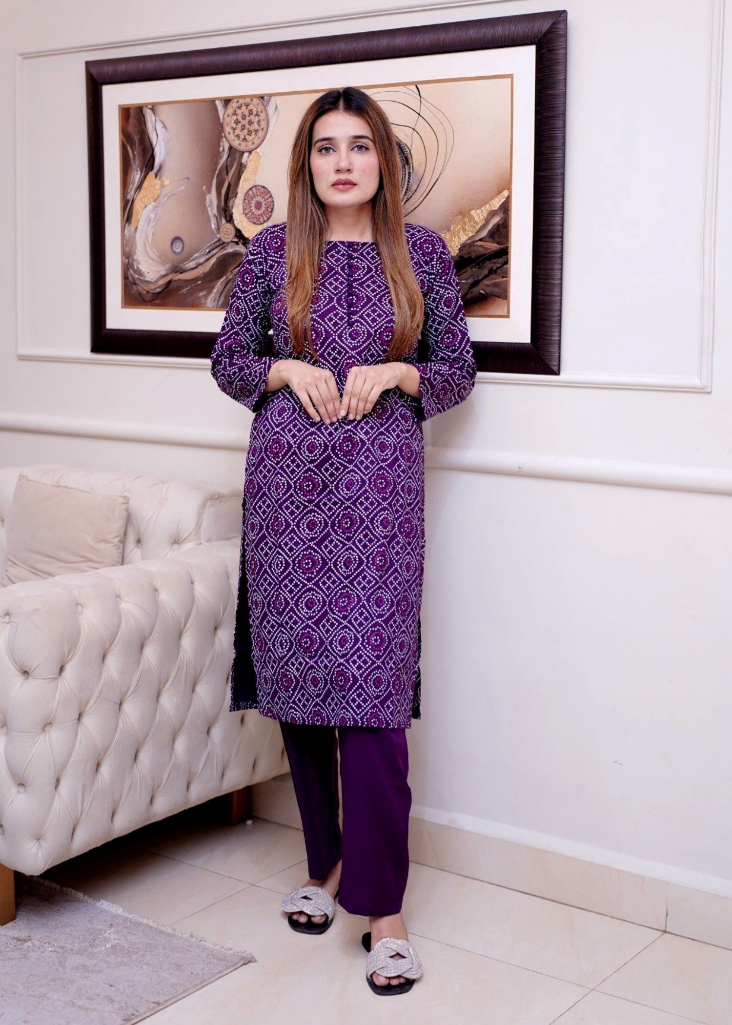 linen Kurta Set in Purple heart