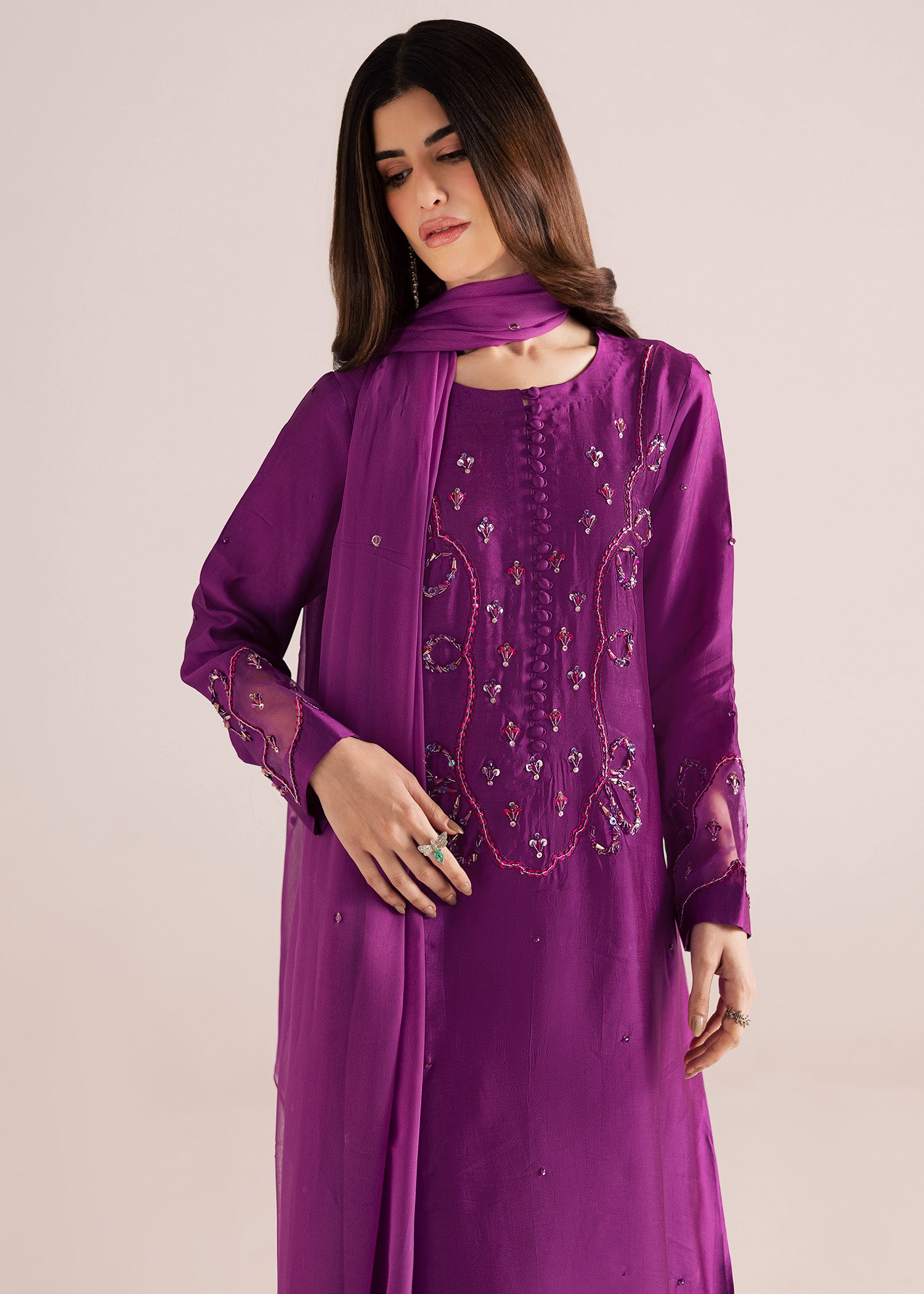 tussar silk Kaftan in Purple