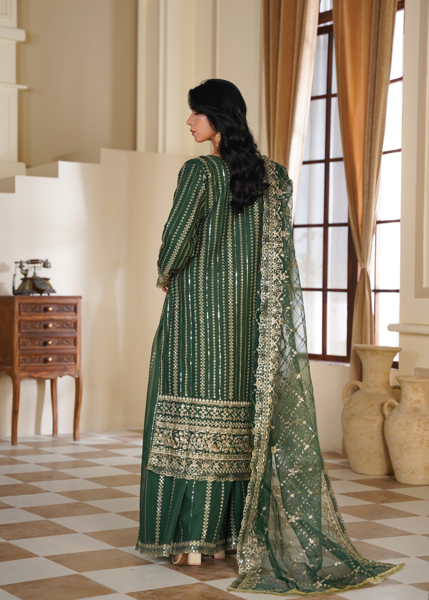 chiffon Sharara in Green, gold