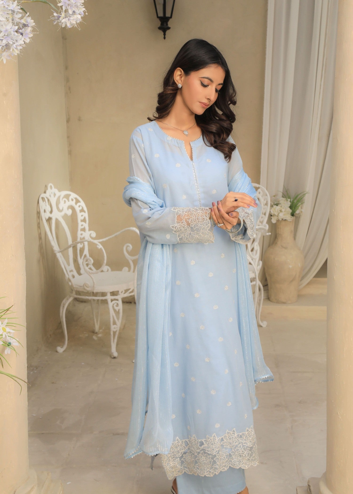 voile Kurta Set in Sky blue