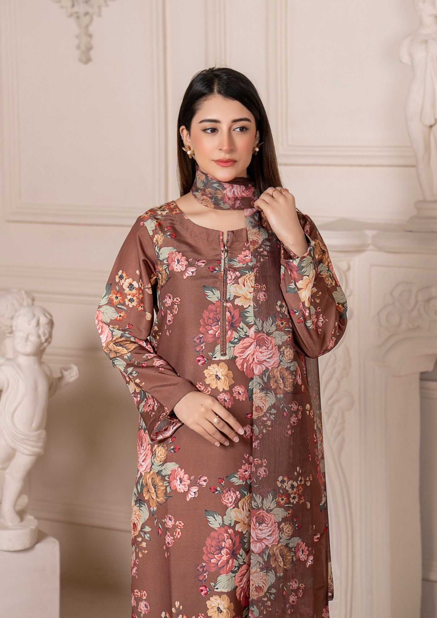 arabic lawn Kurta Set in Brown