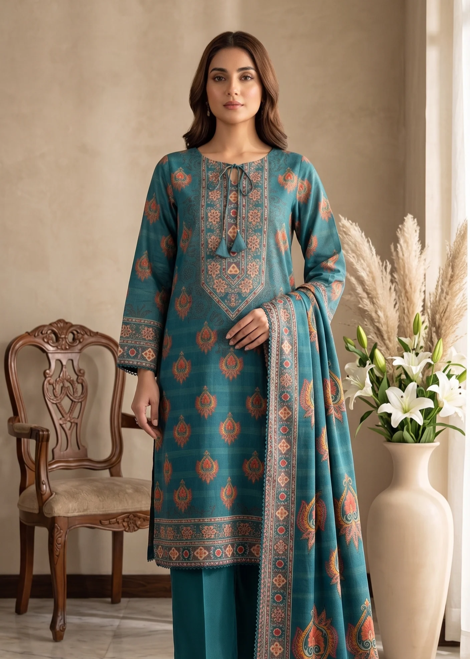 lawn Kurta Set in Hunter green