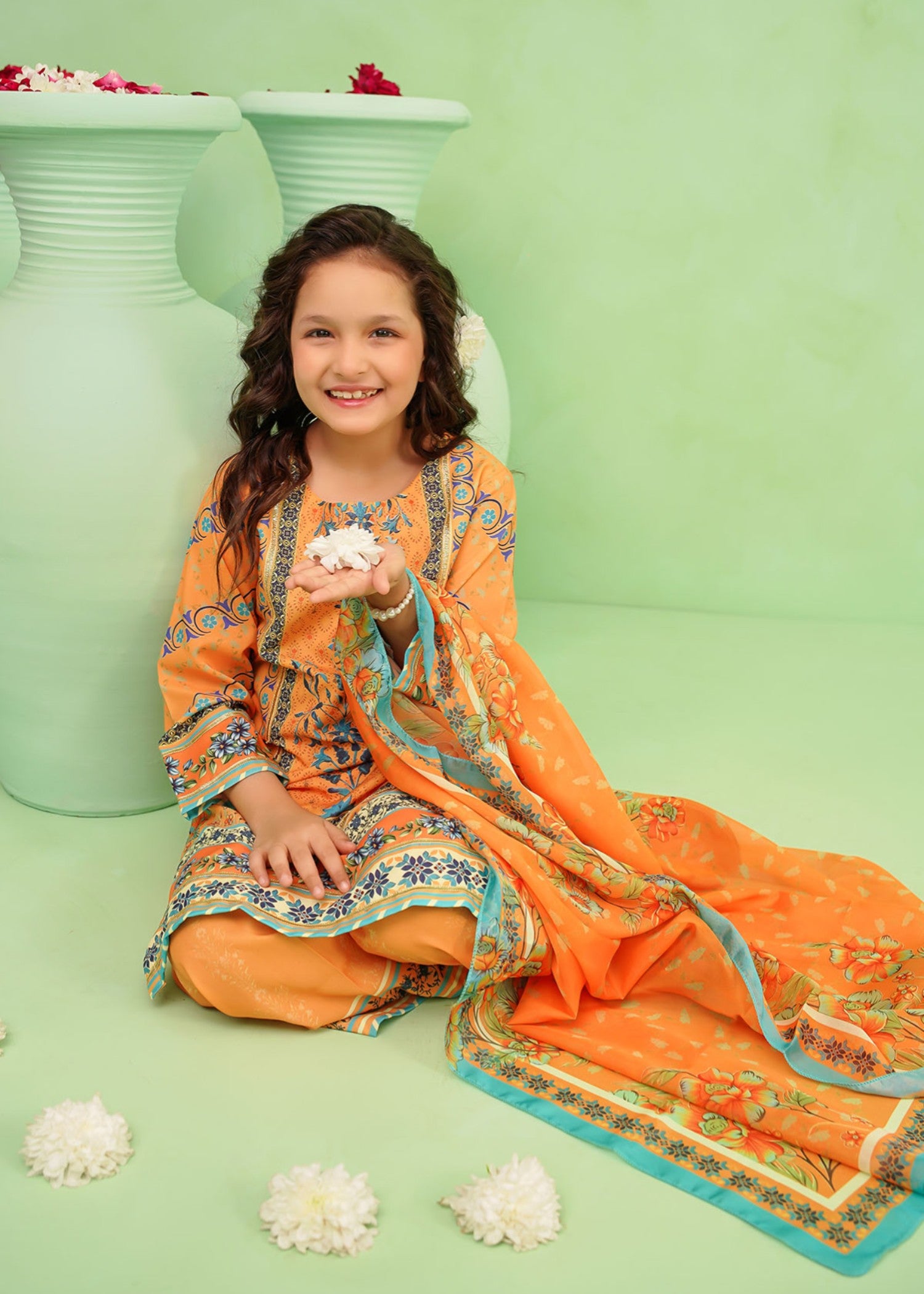 poly lawn Kurta Set in Yellow-orange