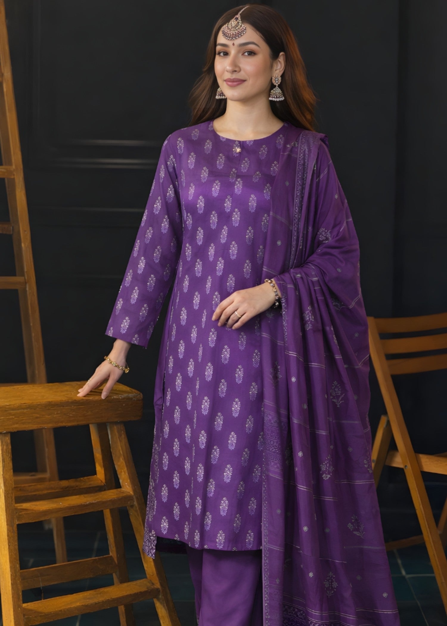 cambric Kurta Set in Royal purple