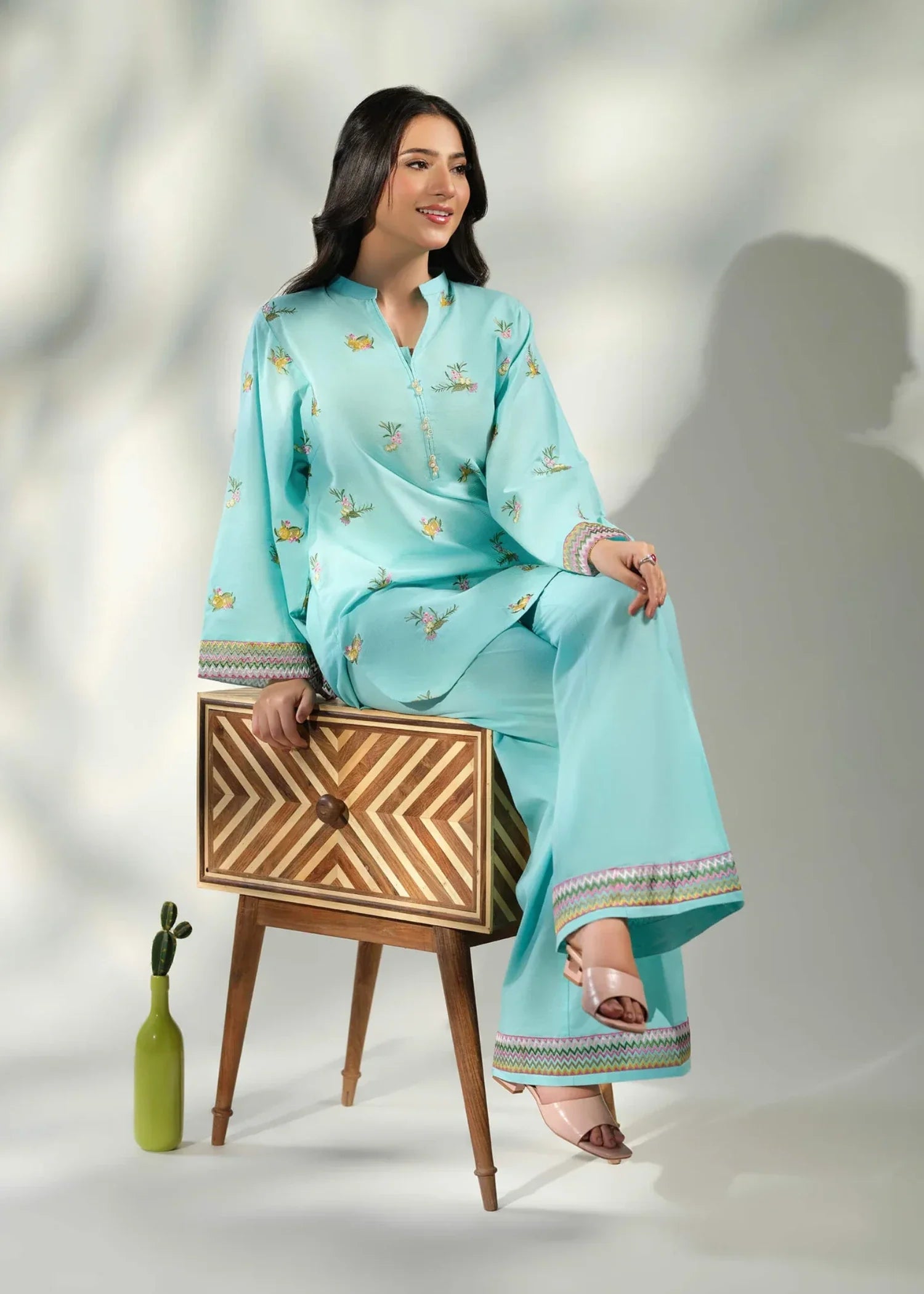 ribbed lawn Kurta Set in Aquamarine