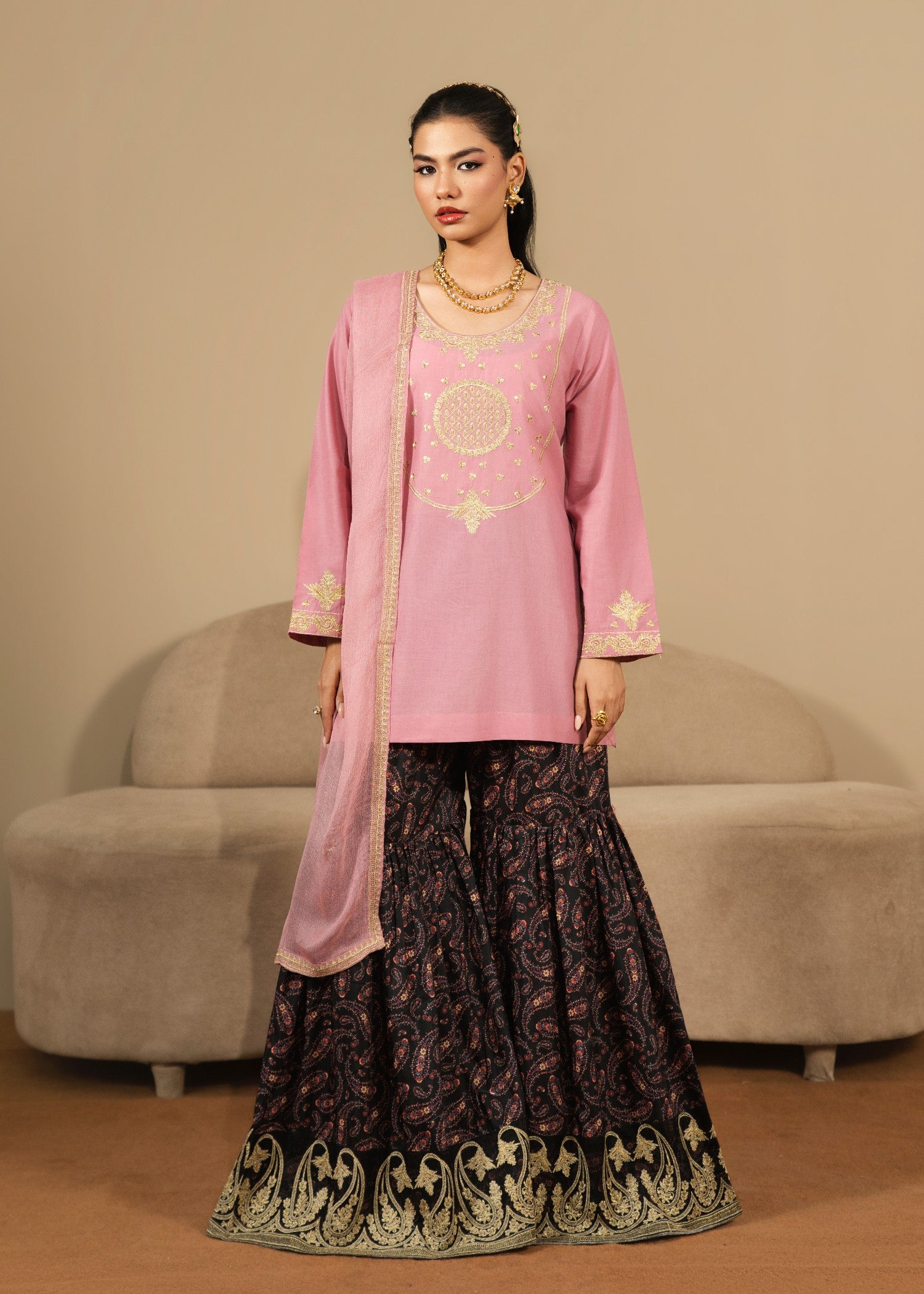 cotton Gharara in Tea rose pink