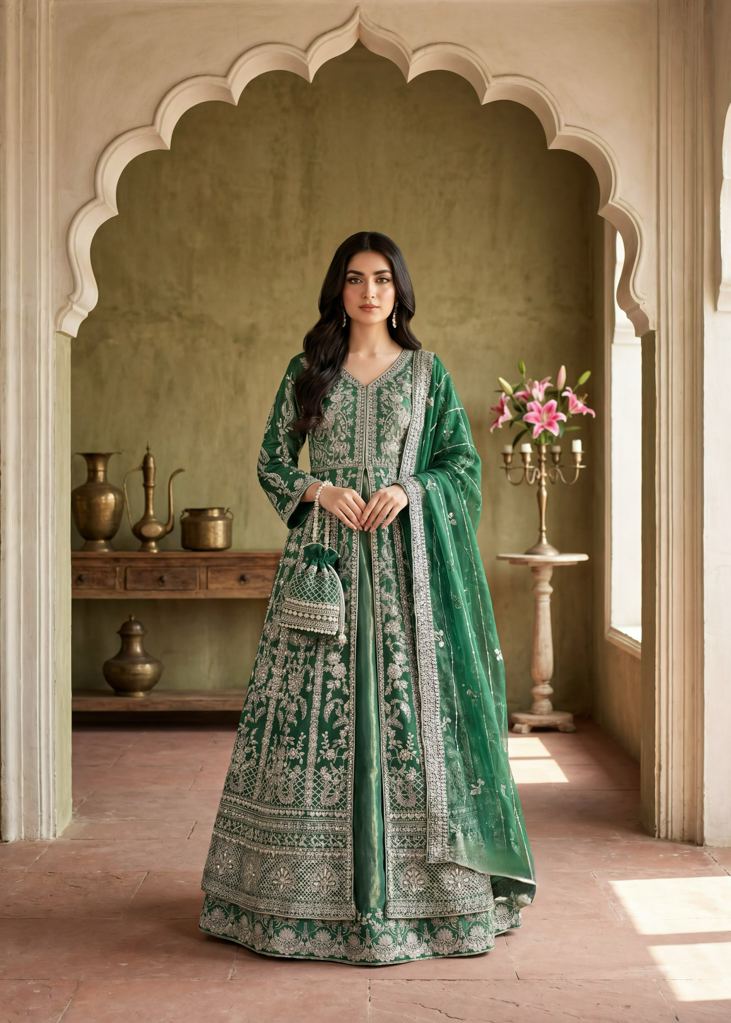 organza Pishwas in Bottle green