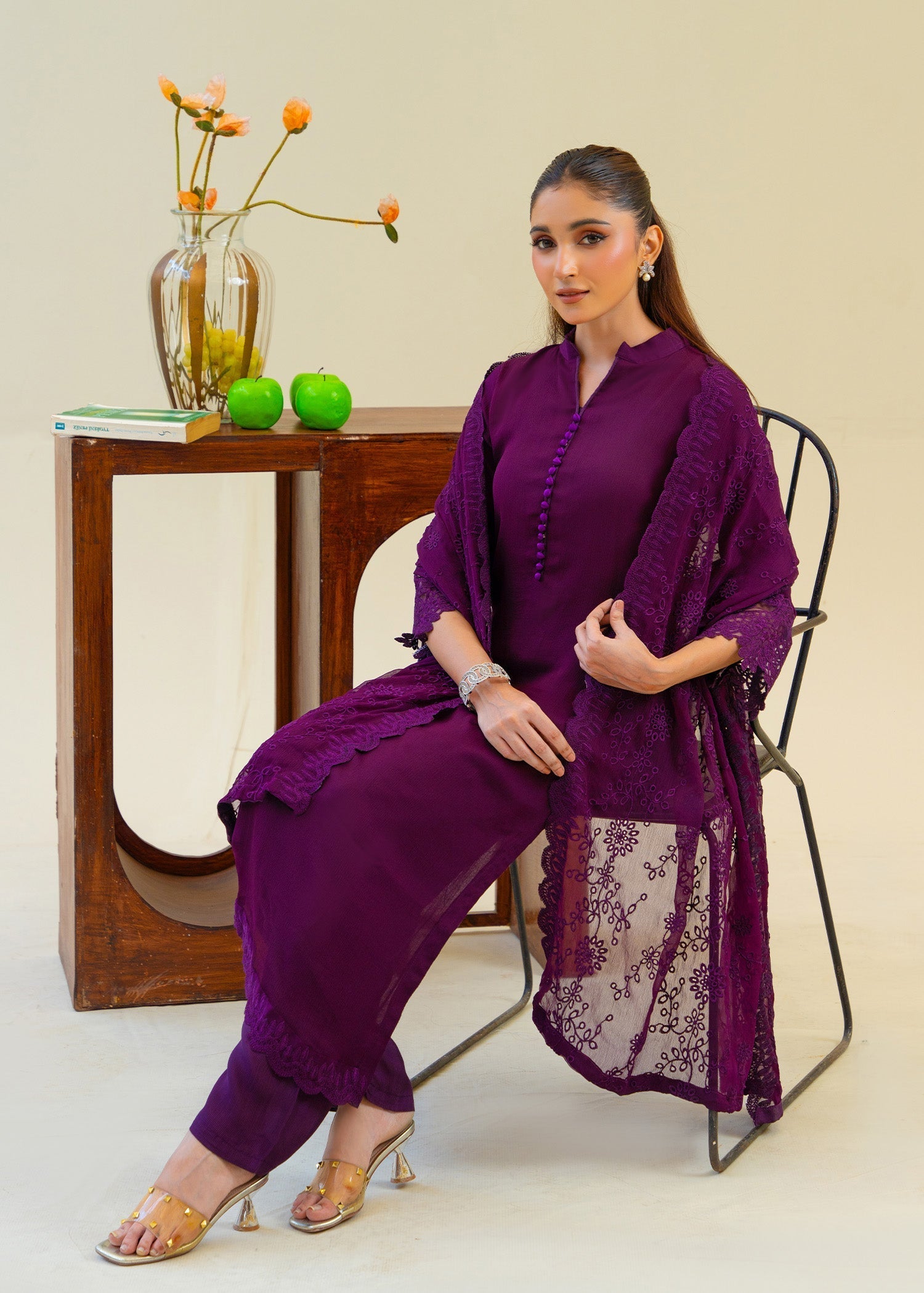 chiffon Kurta Set in Plum