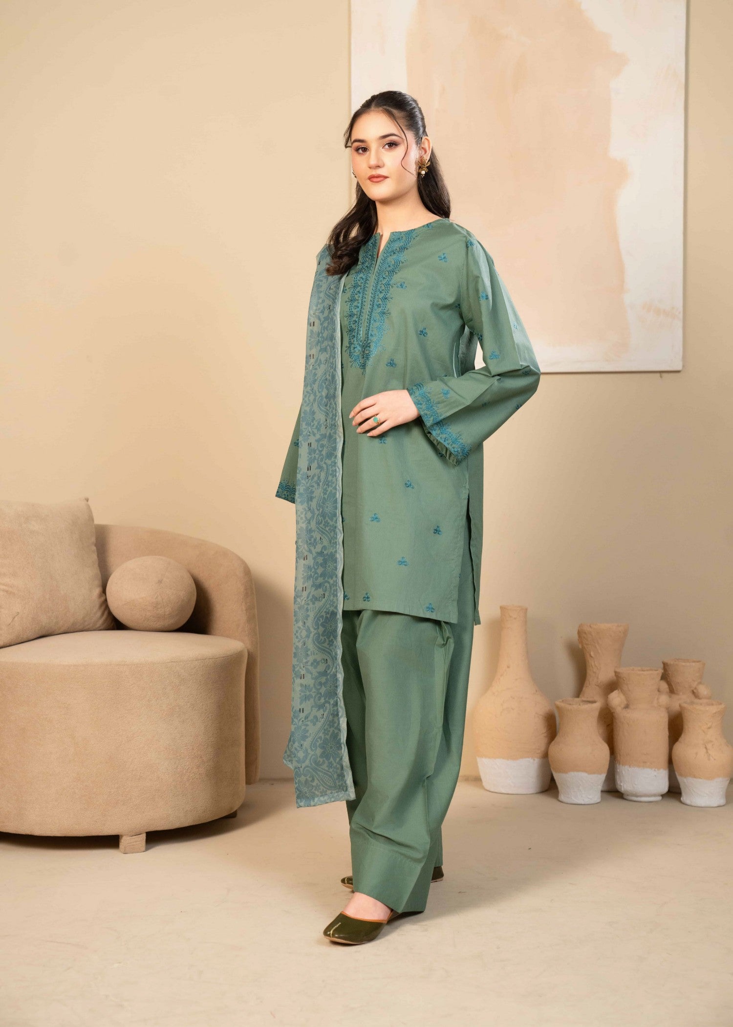 lawn cotton Kurta Set in Sage green