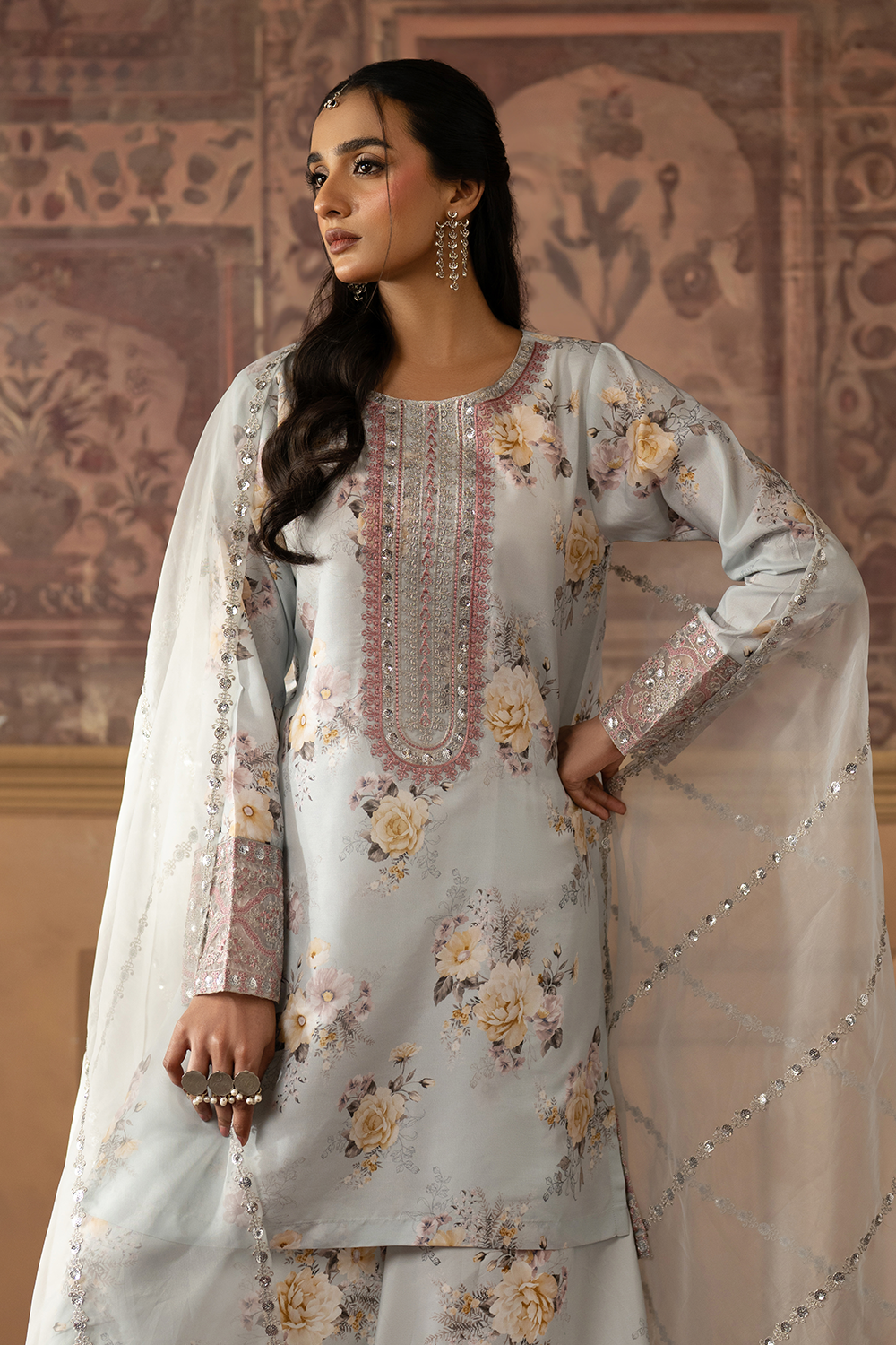 silk finish lawn Sharara in Ice blue