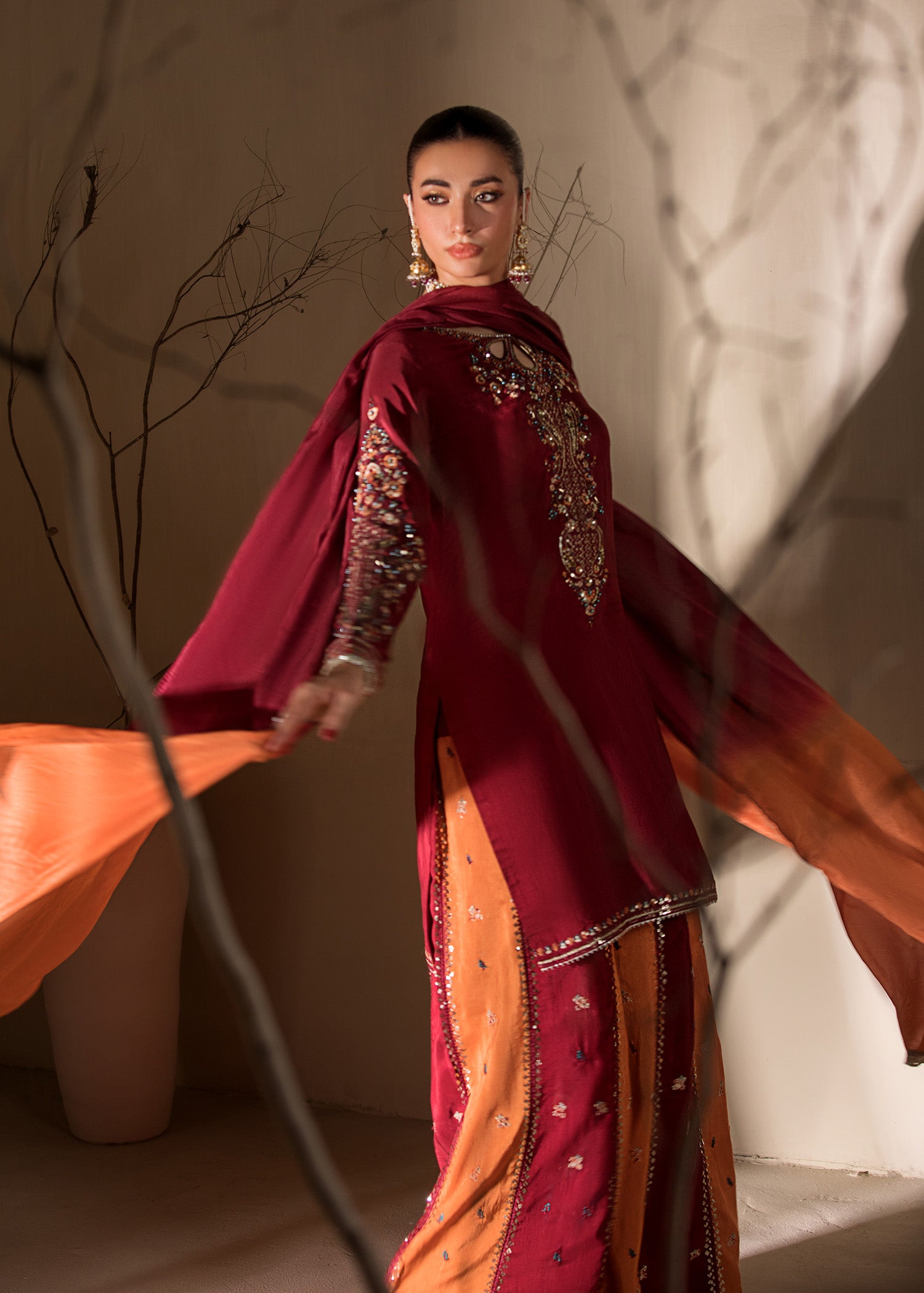 raw silk Sharara in Maroon