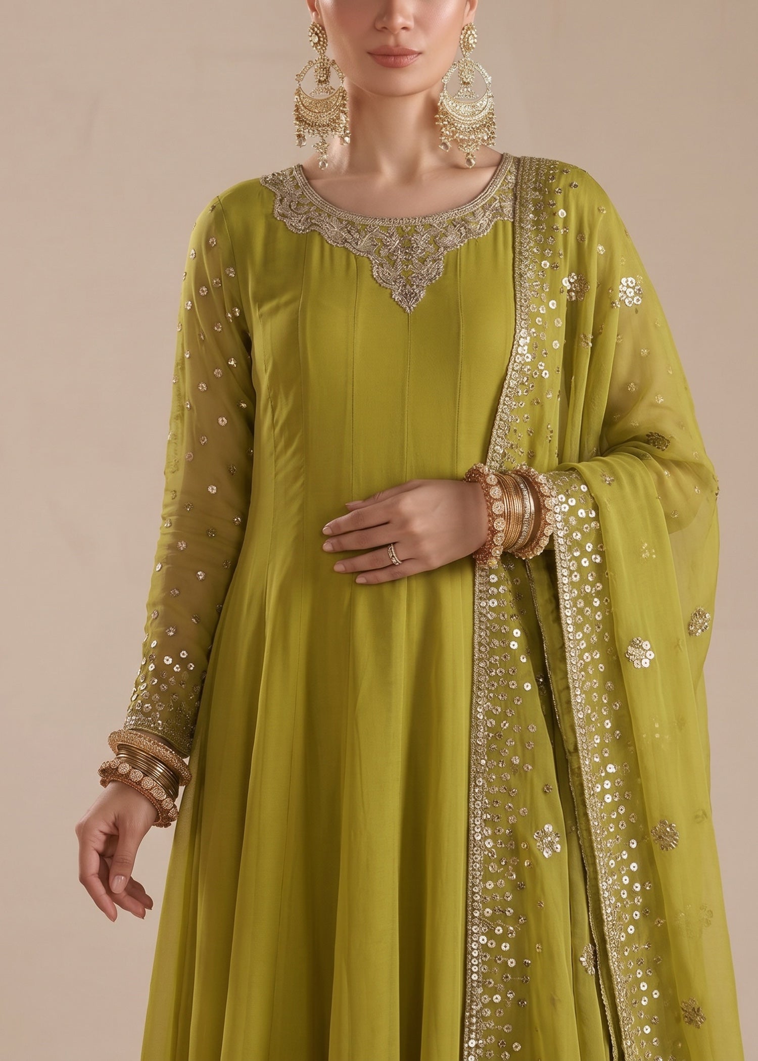 chiffon Pishwas in Apple green