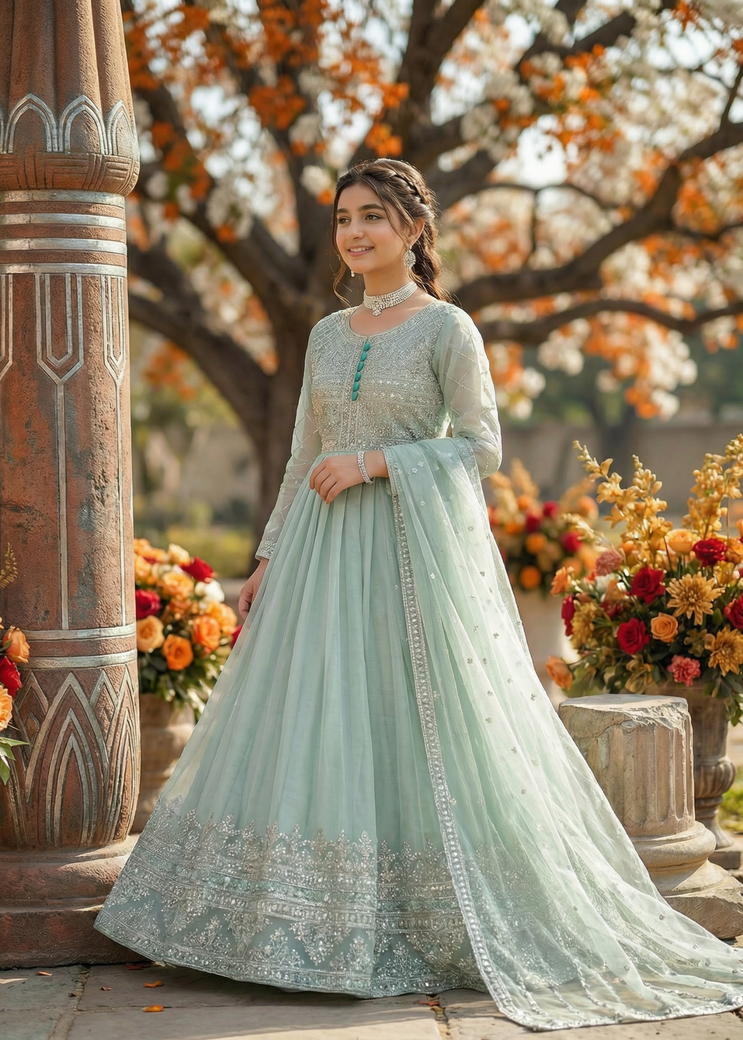 tissue silk Pishwas in Pastel green