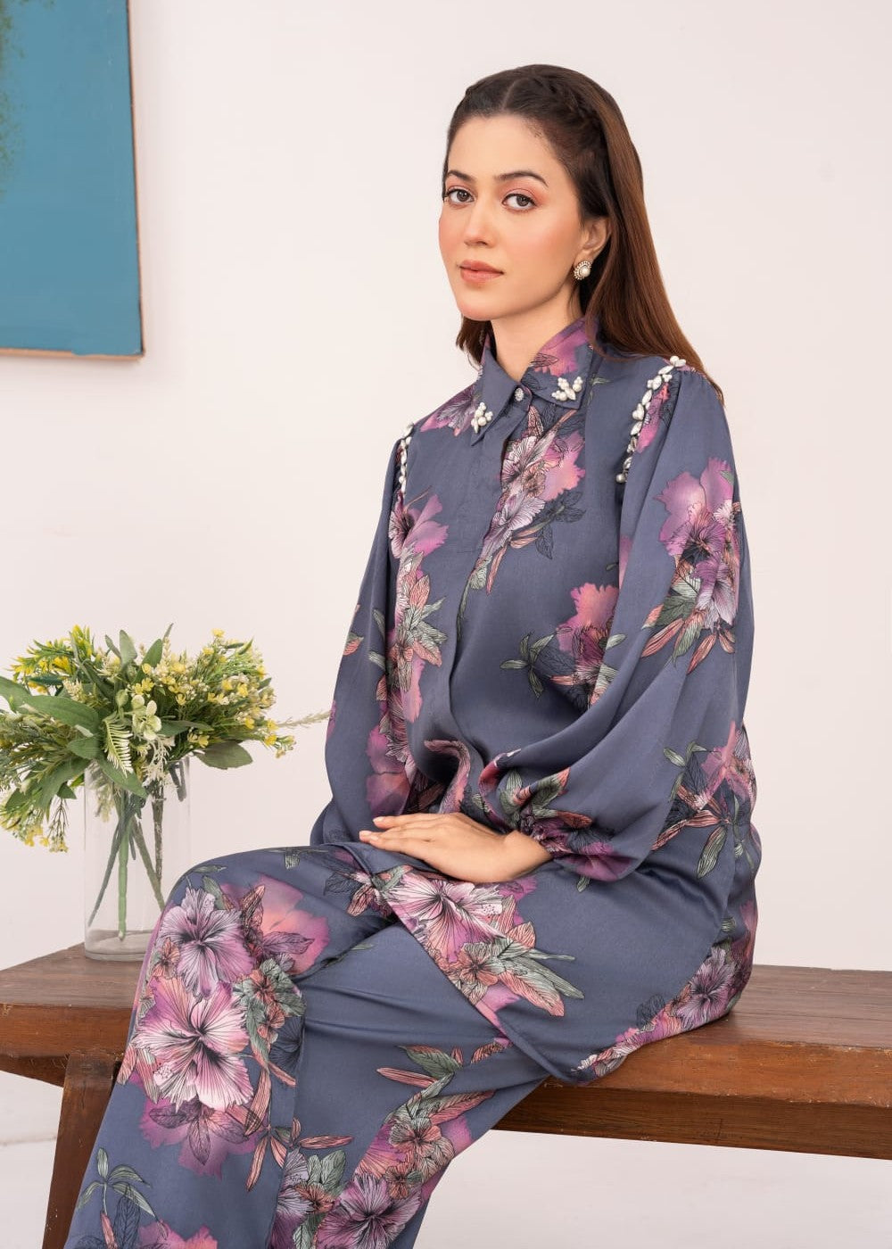 silk Short Frock in Steal grey