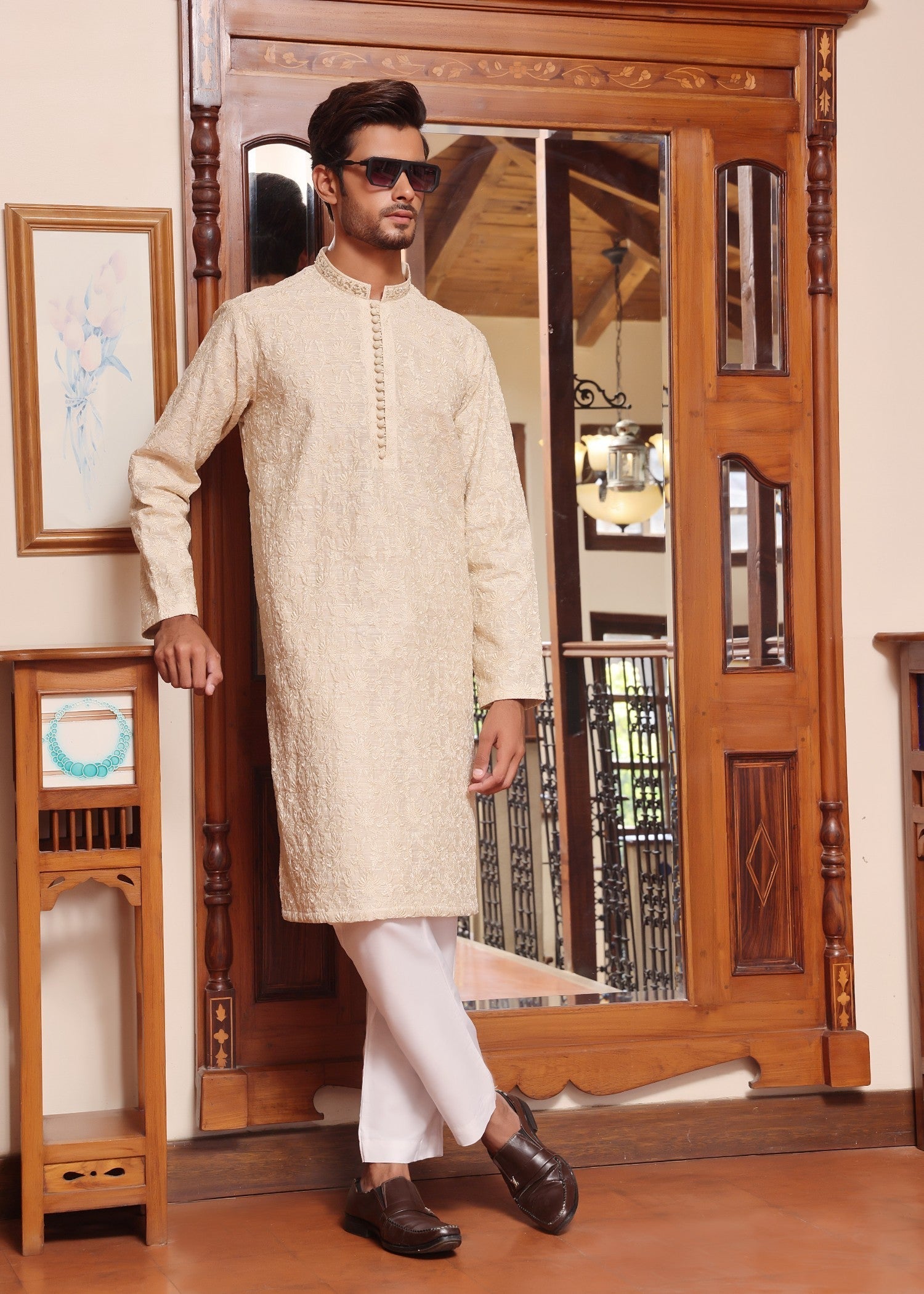 cotton silk Kurta Set in Off-white