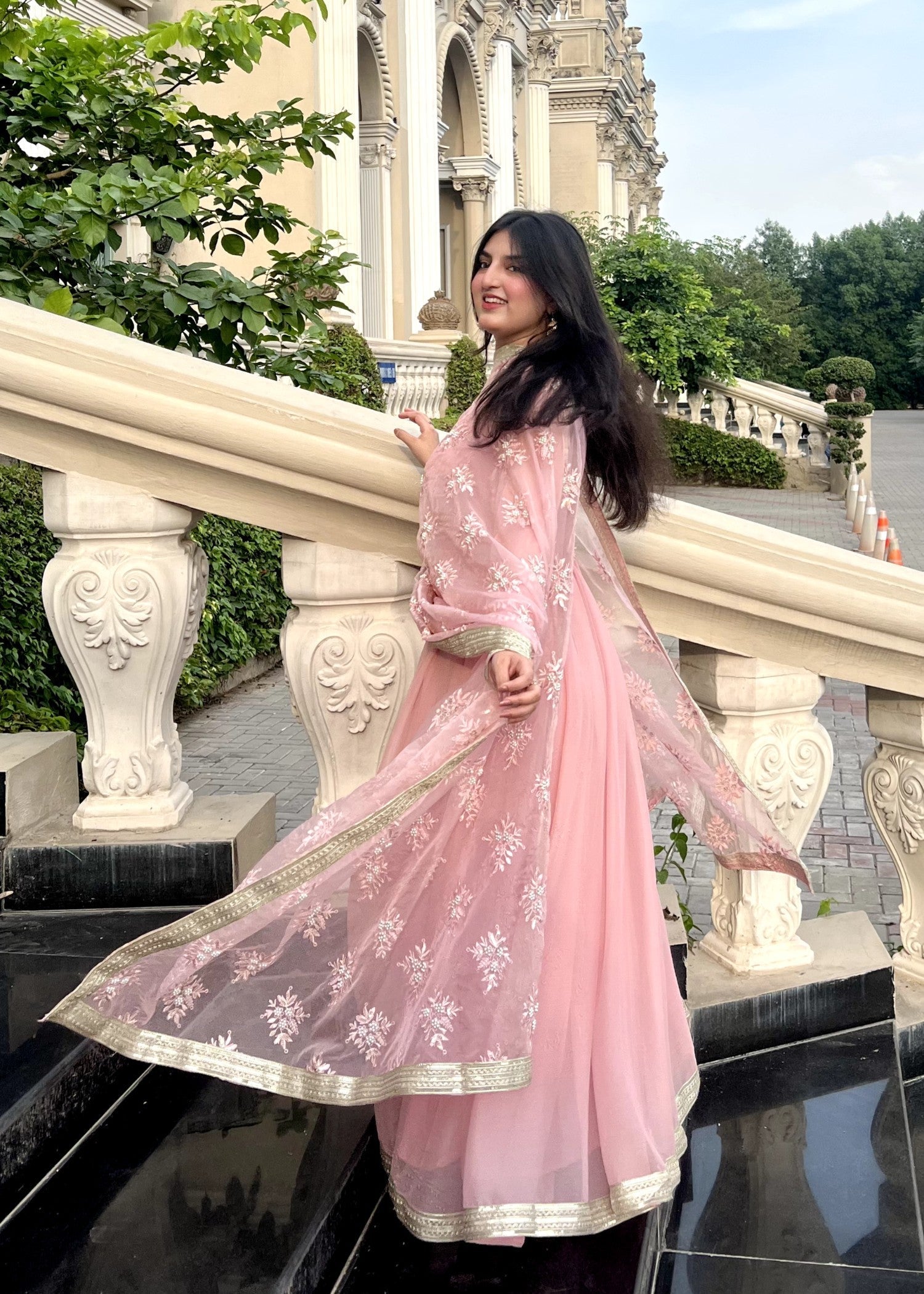 bemberg crinkle chiffon Anarkali in Pastel pink