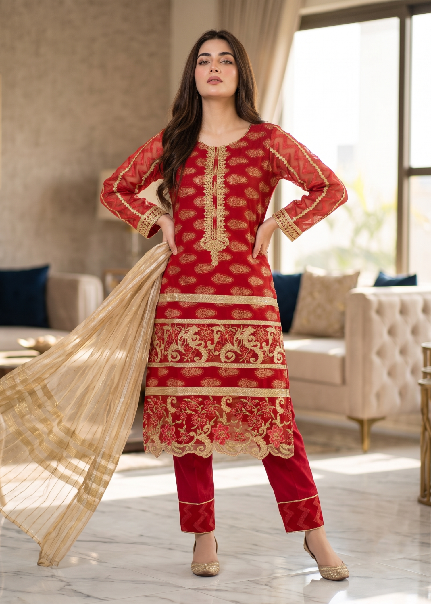 jacquard Kurta Set in Red