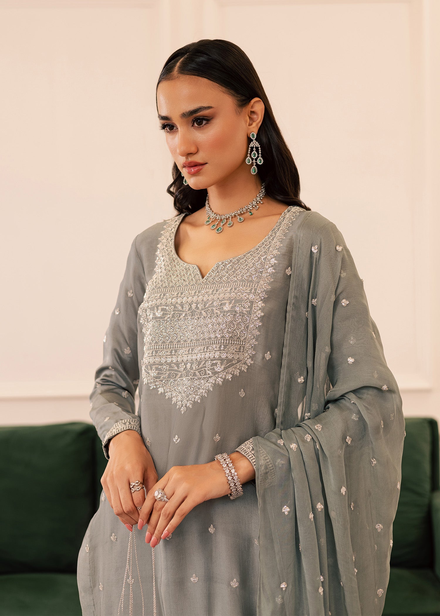 thai silk Kurta Set in Ash grey