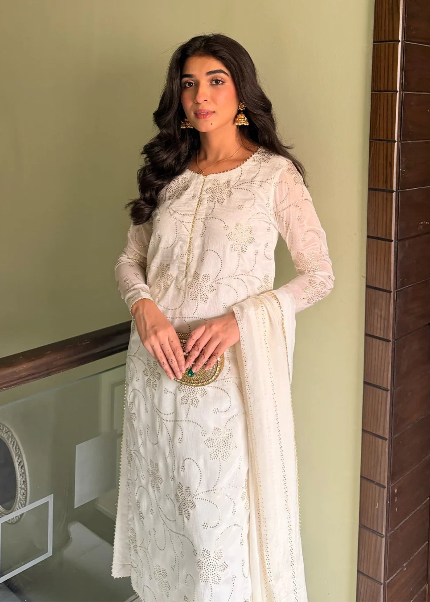 chiffon Kurta Set in Off-white, gold