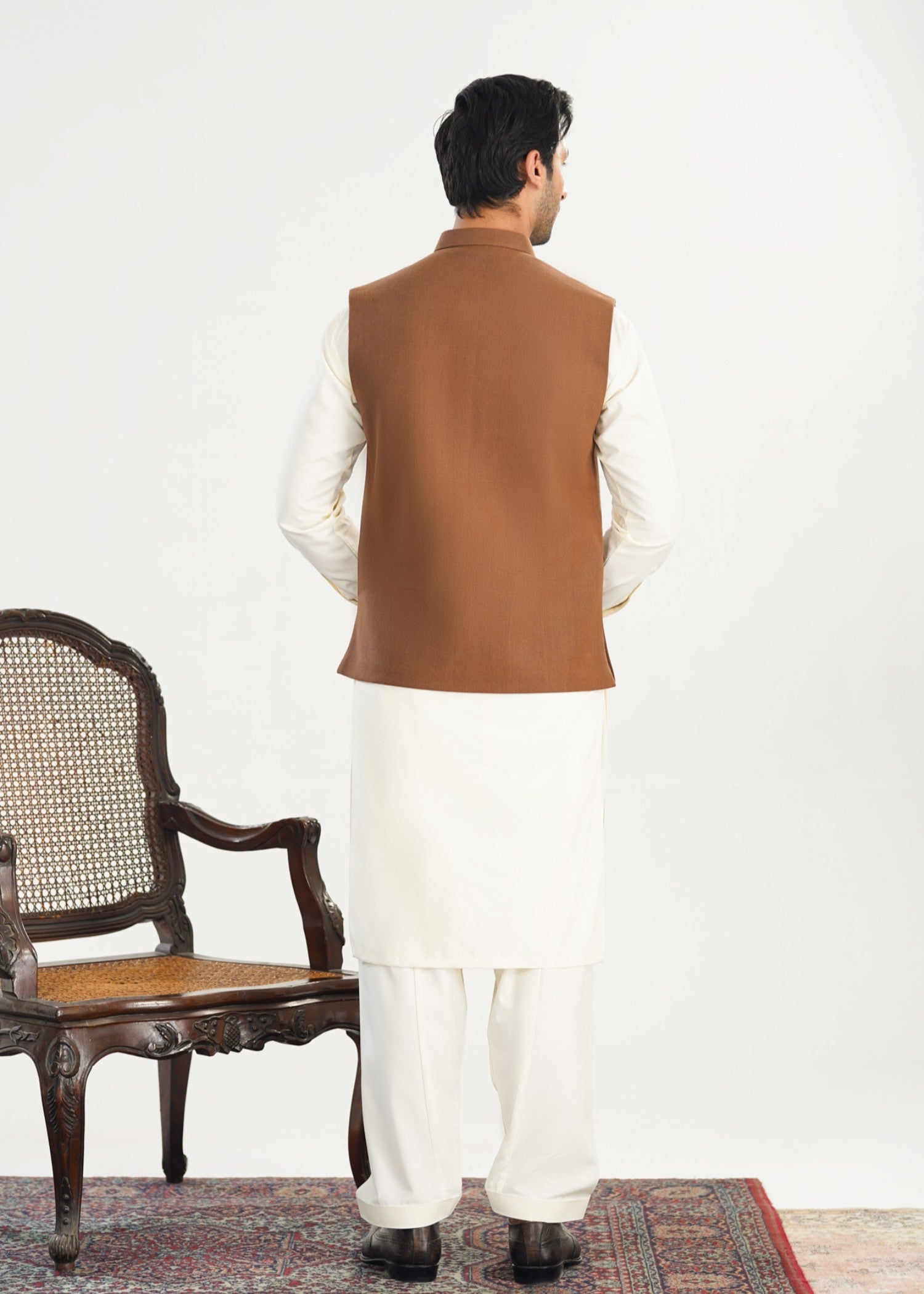 handwoven khaddar Waistcoat in Off-white, camel brown