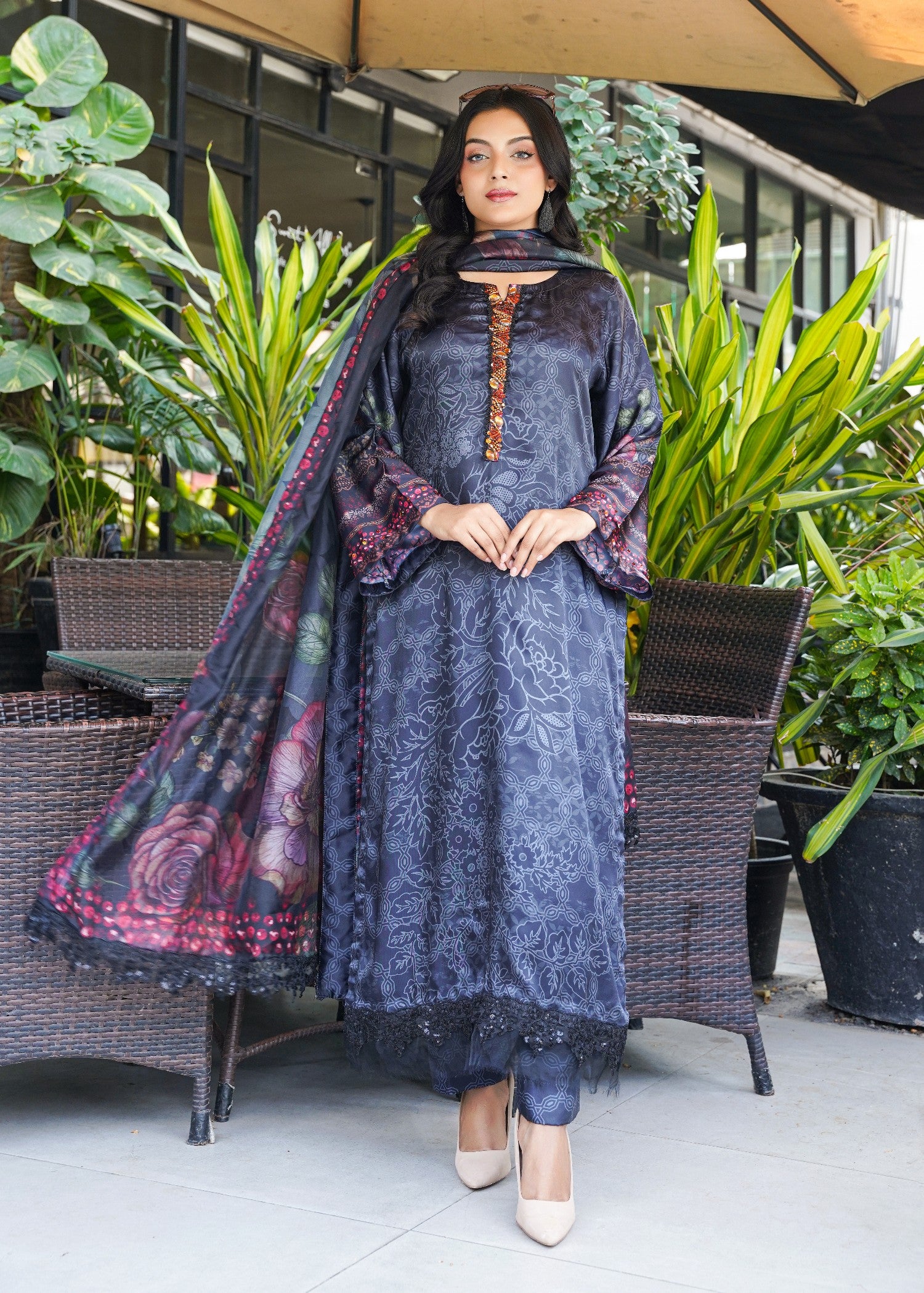 silk Kurta Set in Dark grey