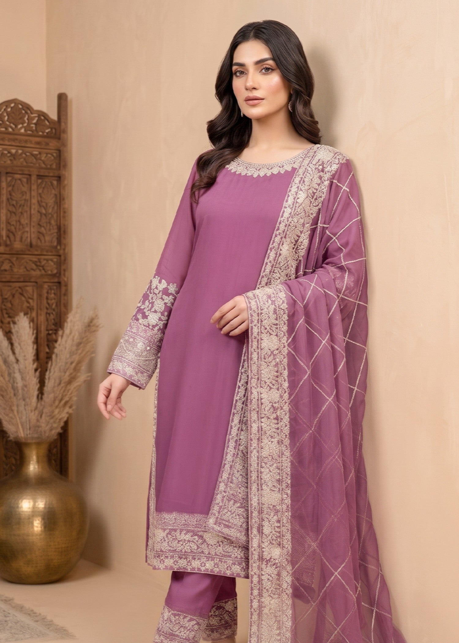 chiffon Kurta Set in Mulberry