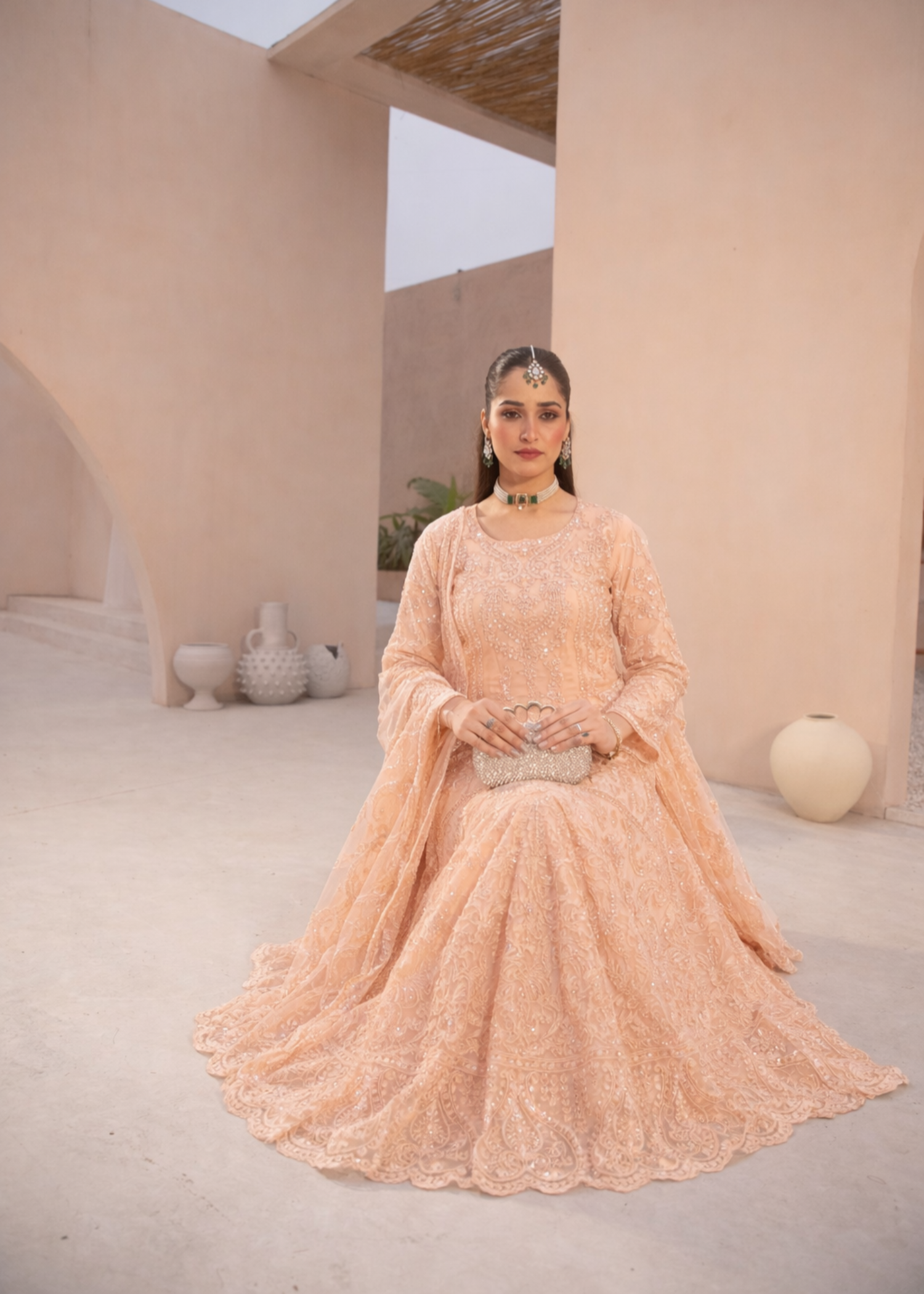 net Lehenga in Peach orange