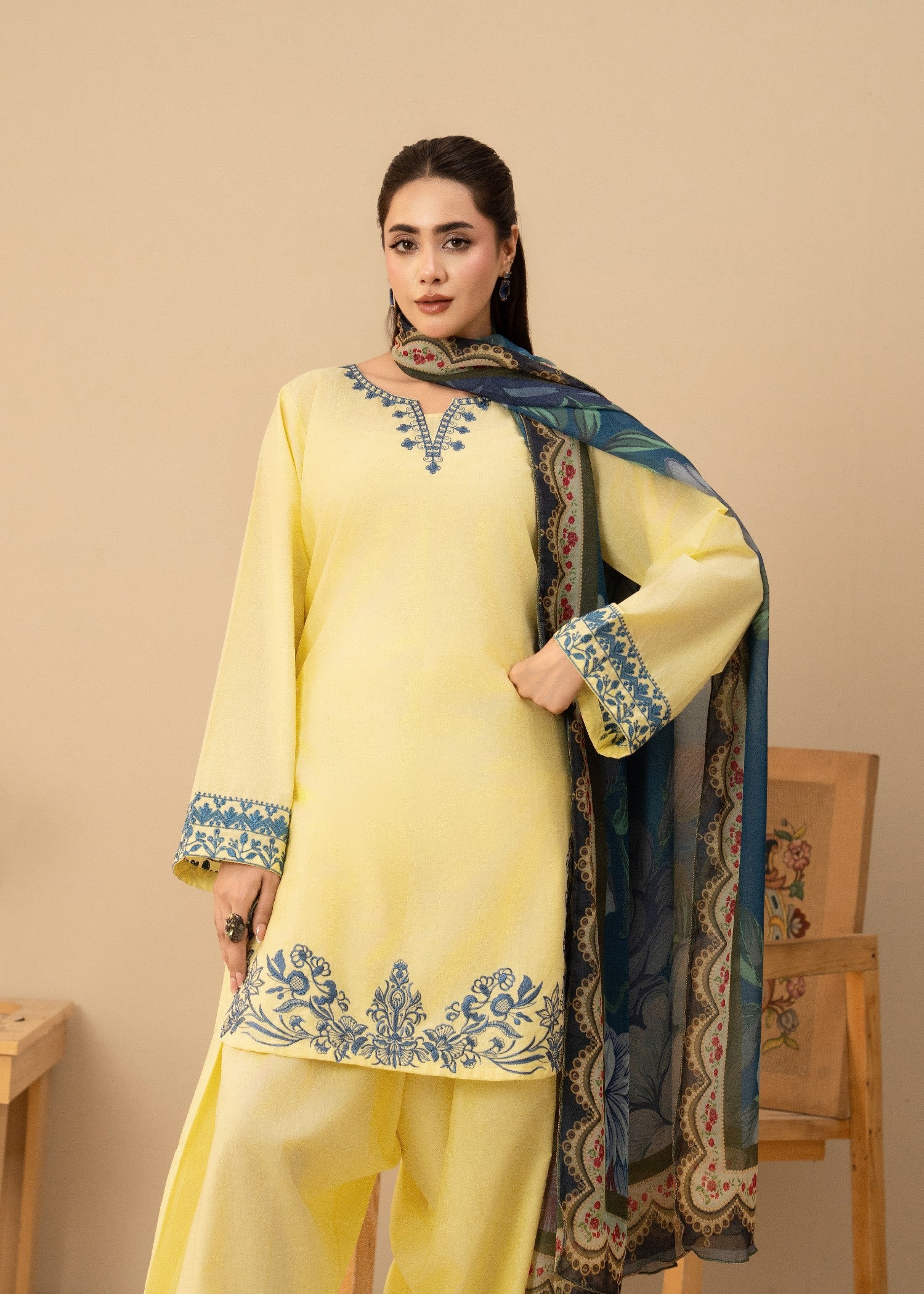 lawn cotton Kurta Set in Yellow, butter