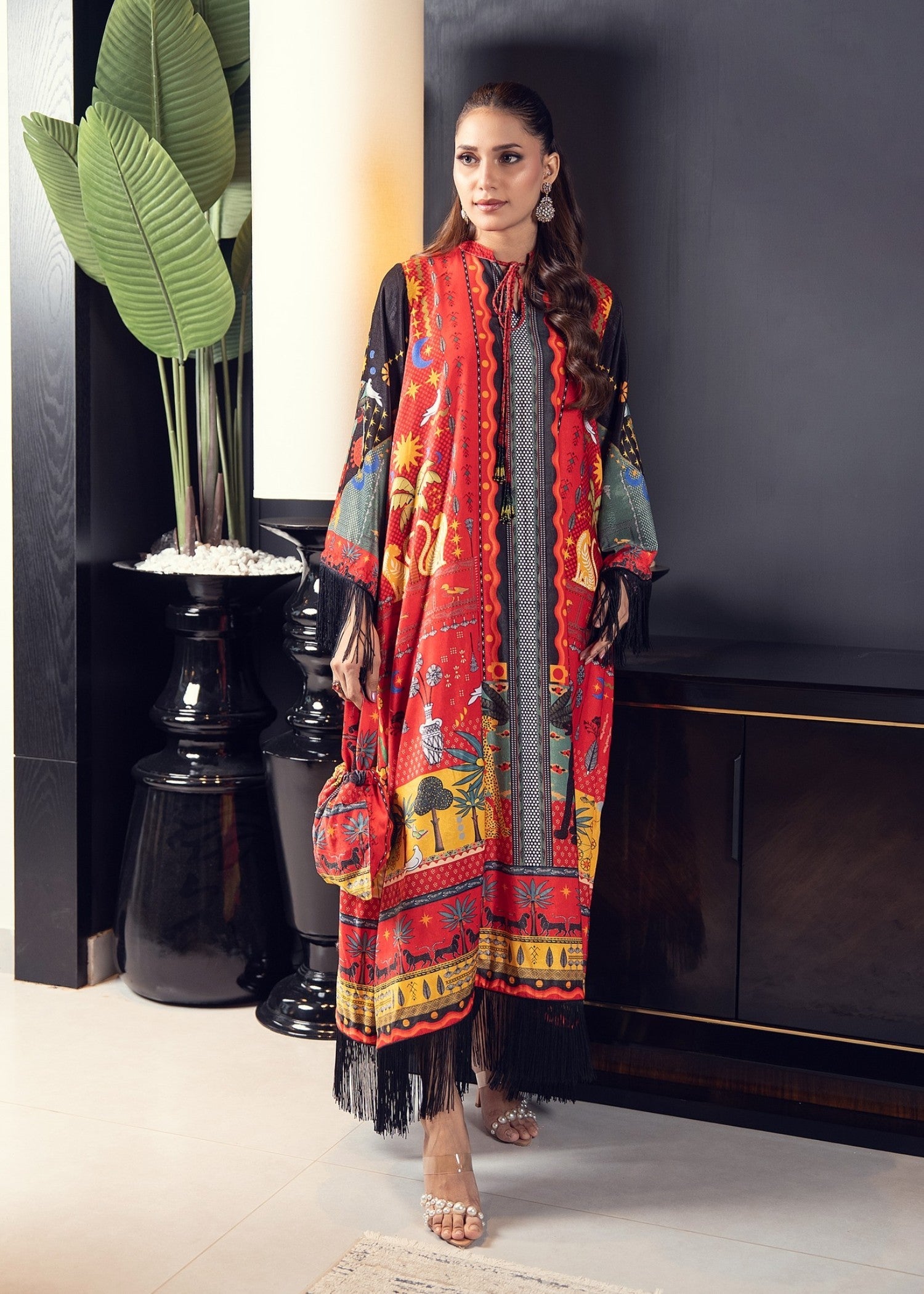 velvet Kaftan in Poppy red