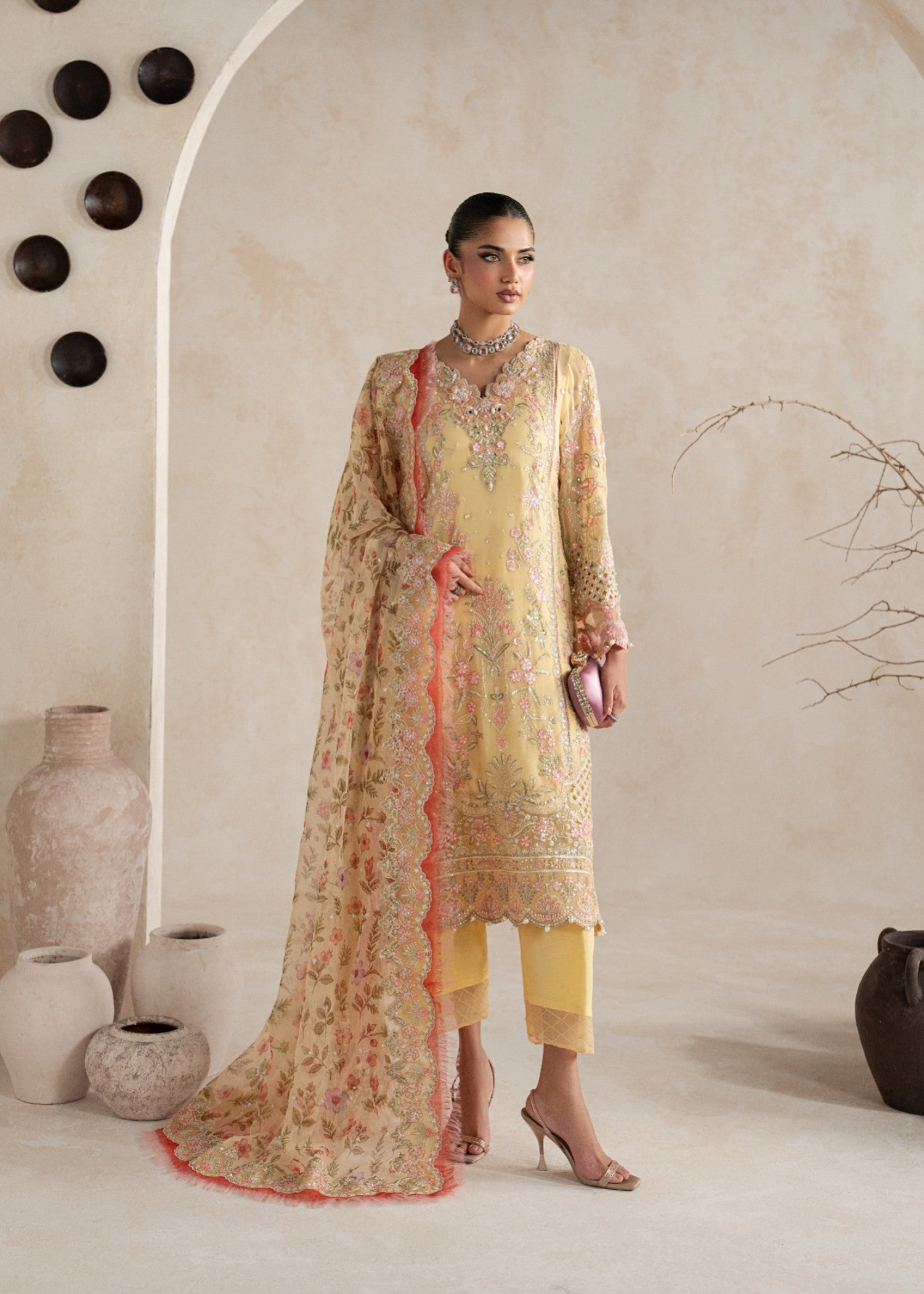 chiffon Kurta Set in Light yellow