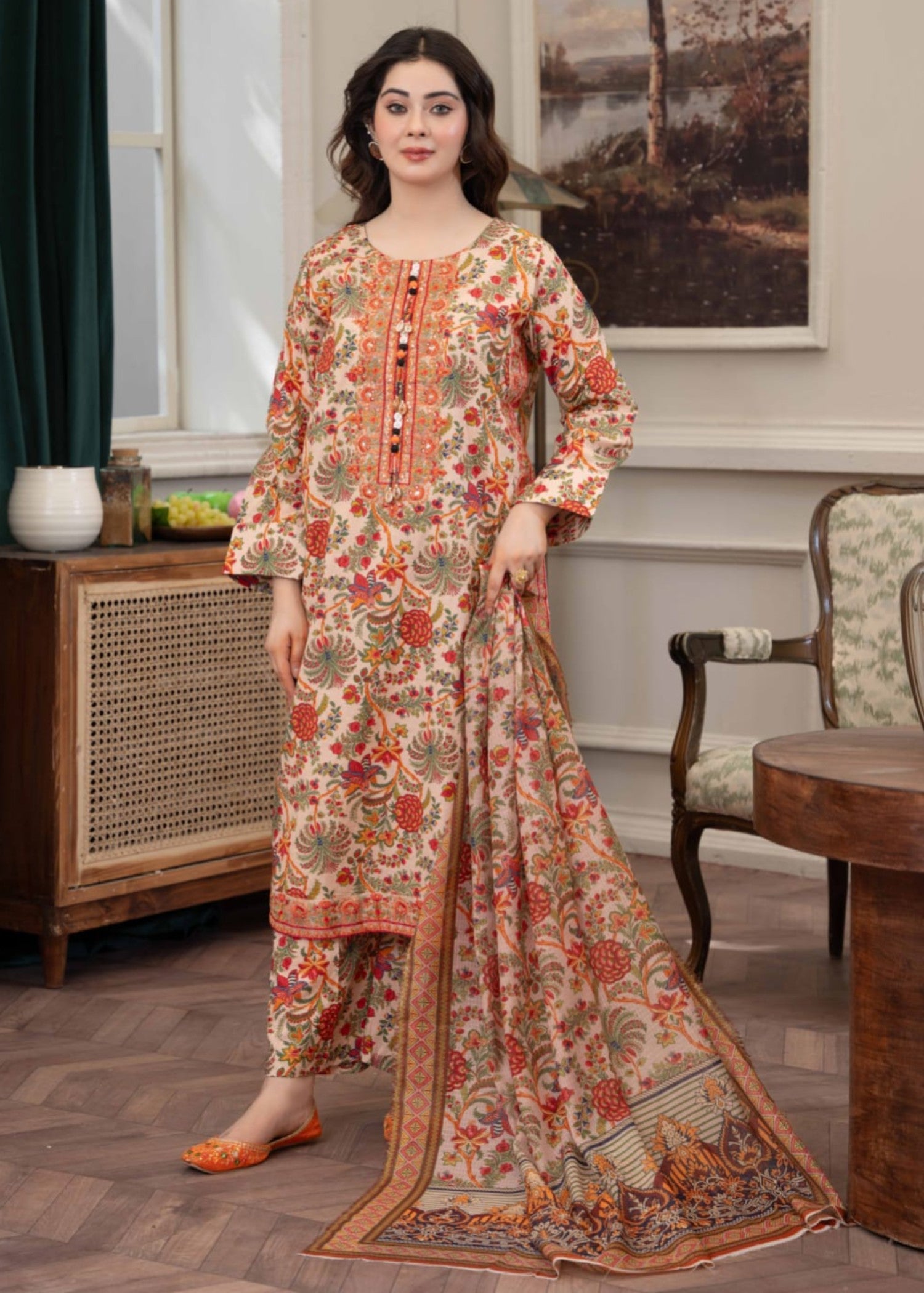 lawn cotton Kurta Set in Beige