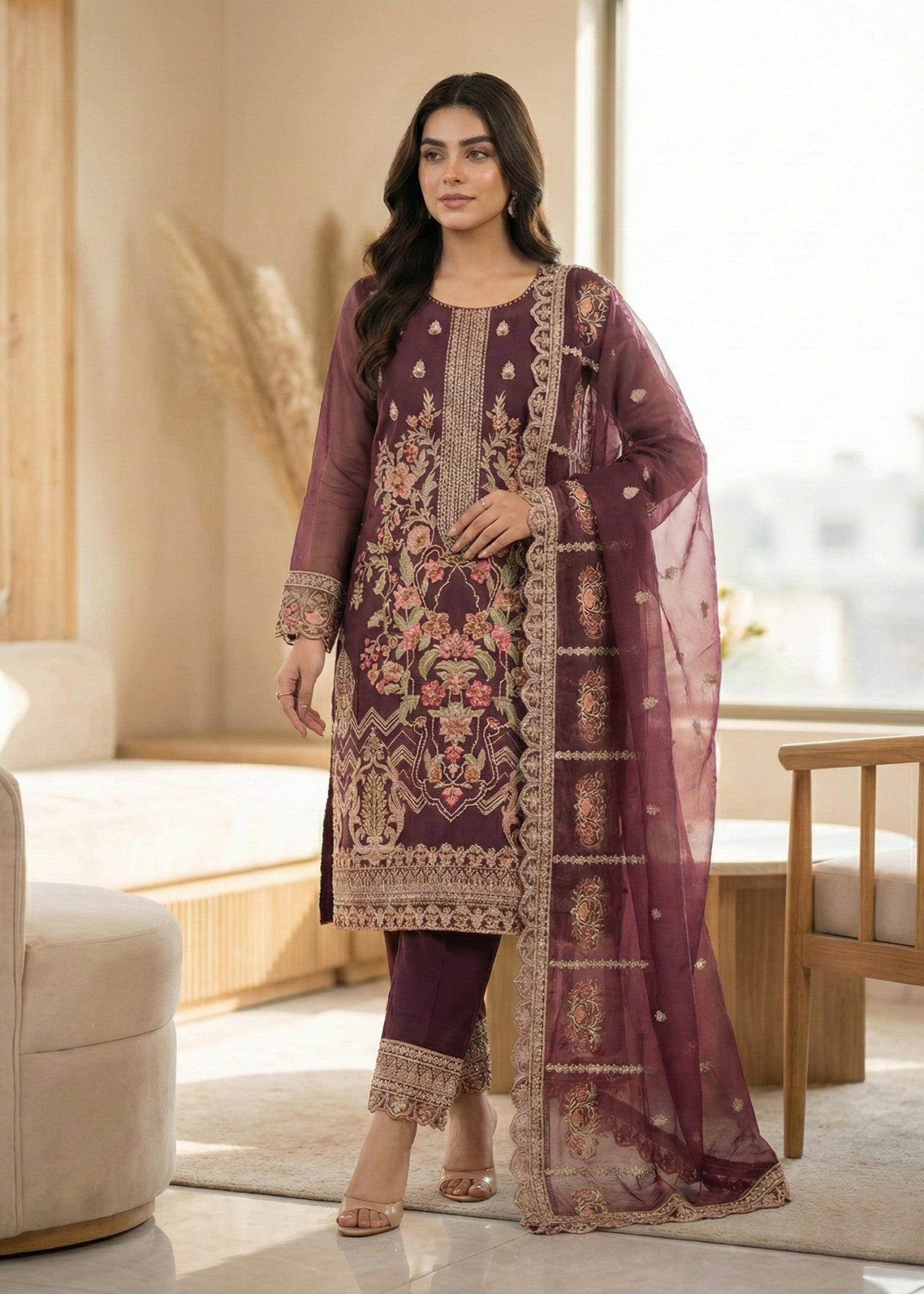organza Kurta Set in Plum