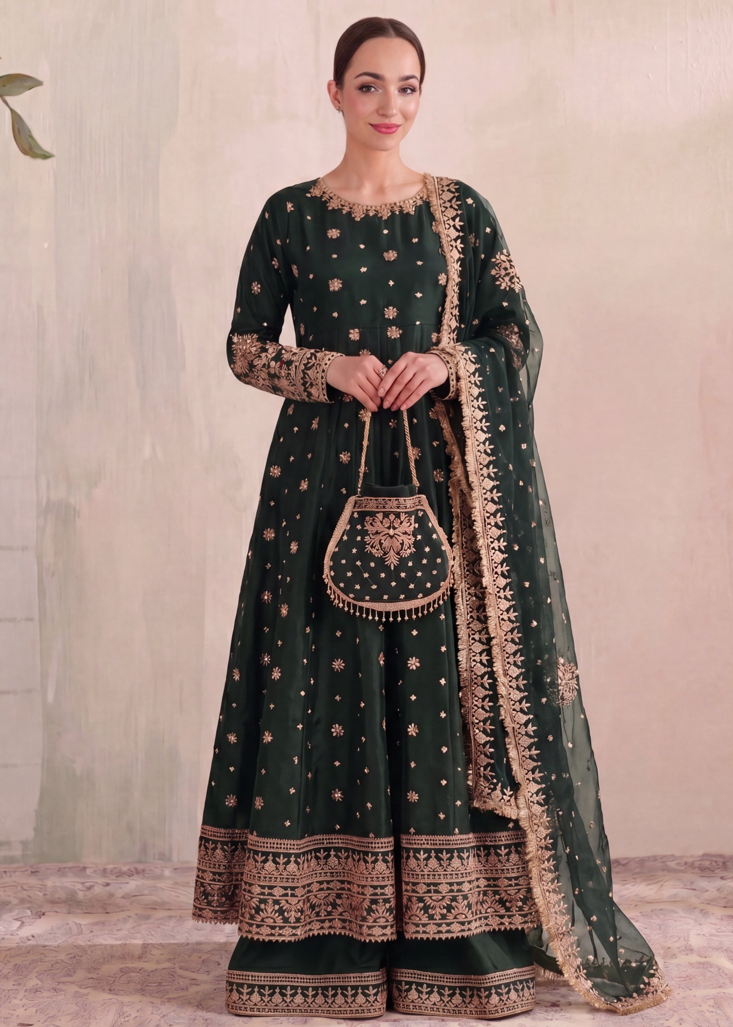 silk Pishwas in Dark green
