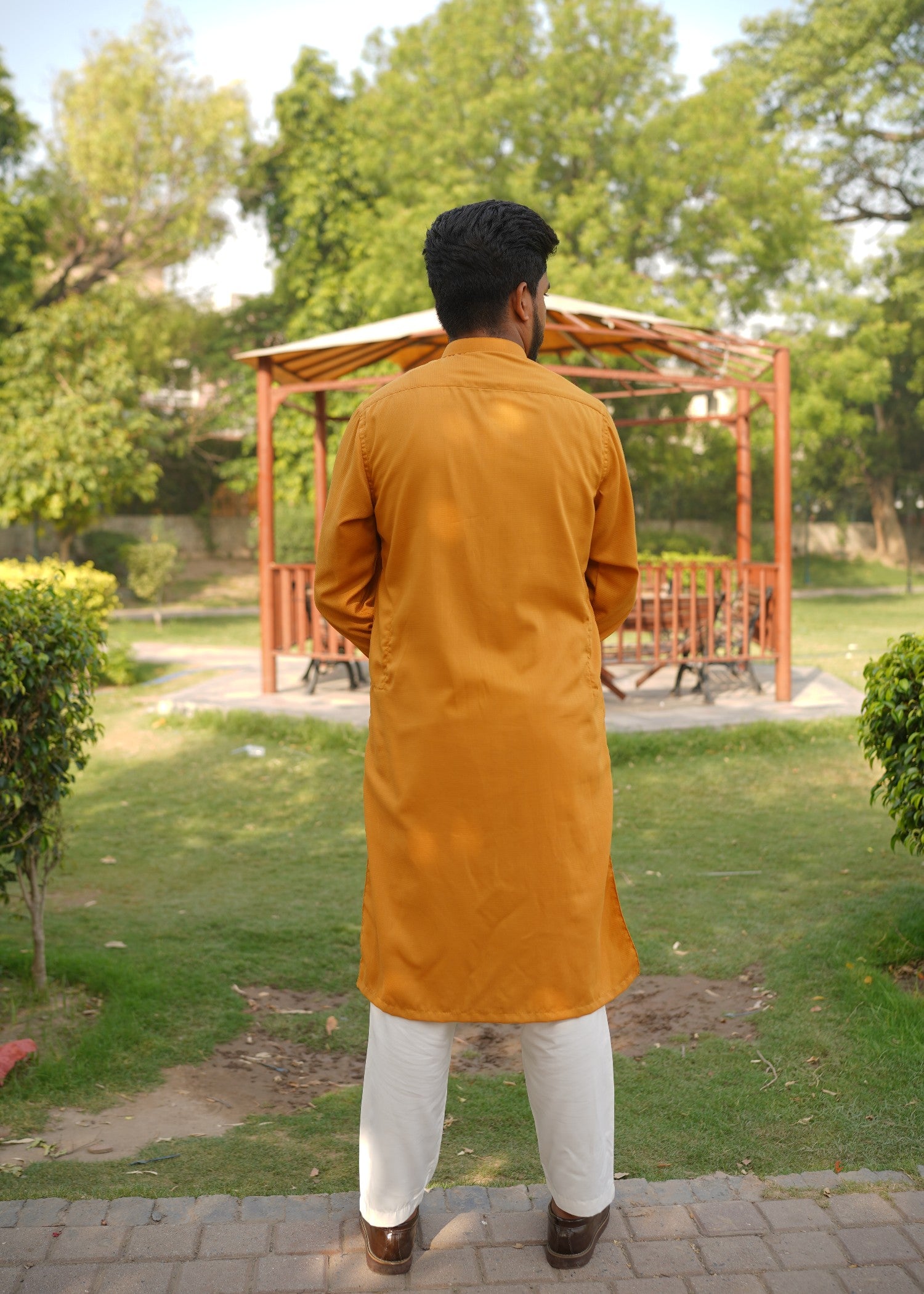 cotton jacquard Kurta in Marigold