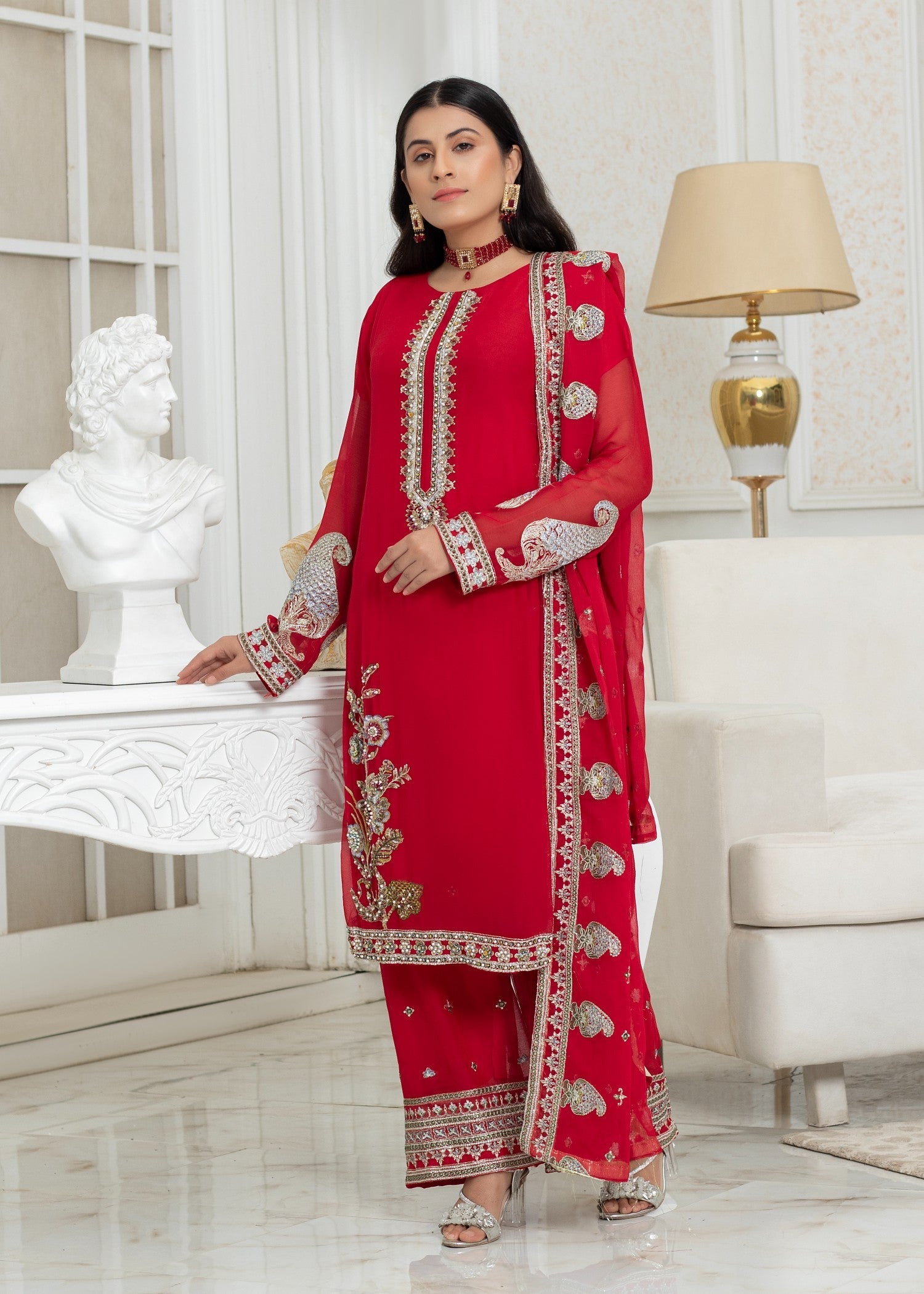 polyester chiffon Kurta Set in Imperial red