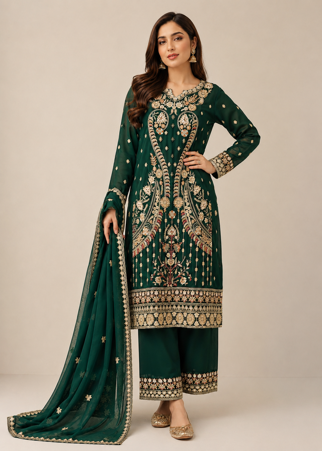 chiffon Kurta Set in Forest green