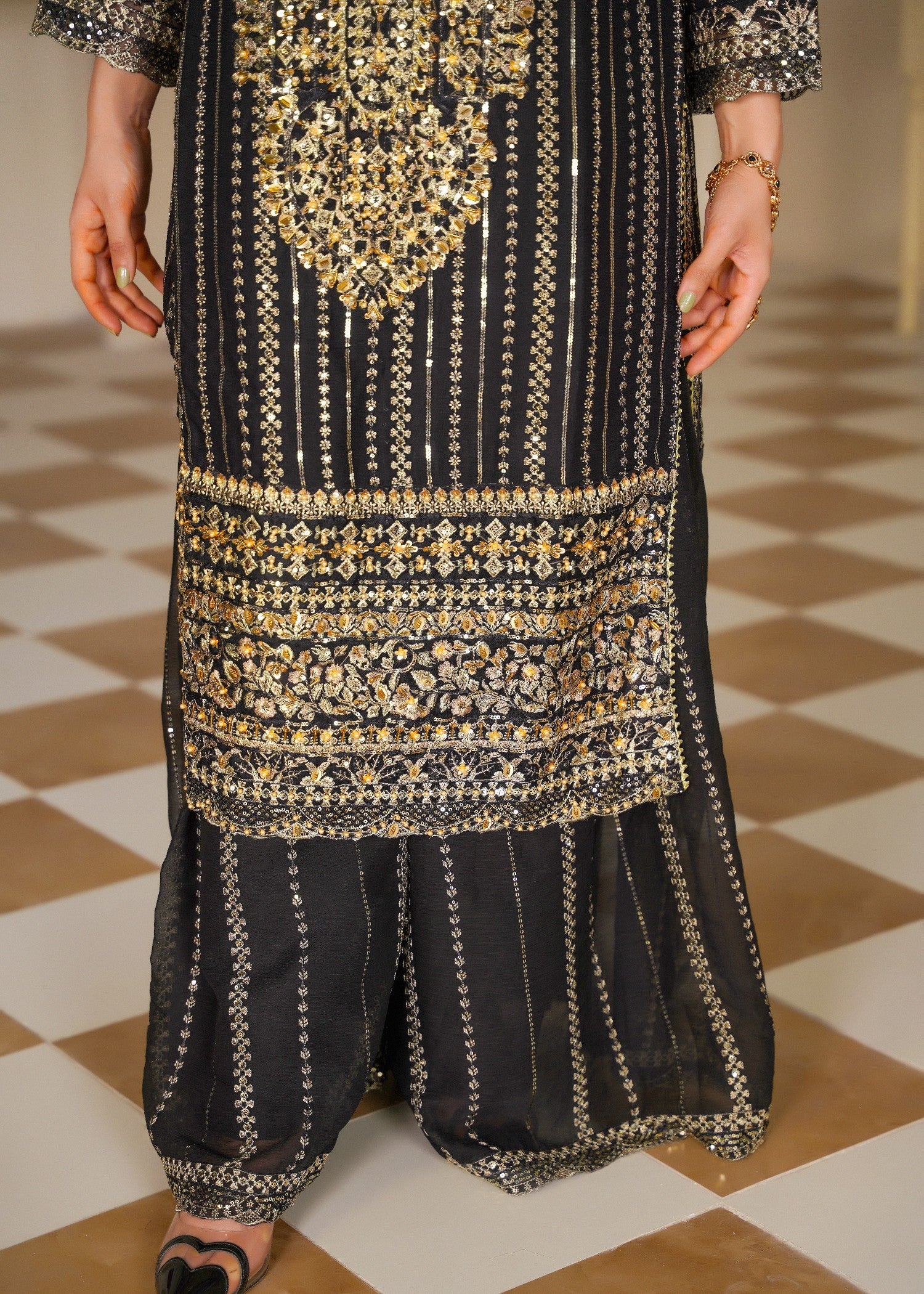 chiffon Sharara in Gold, black