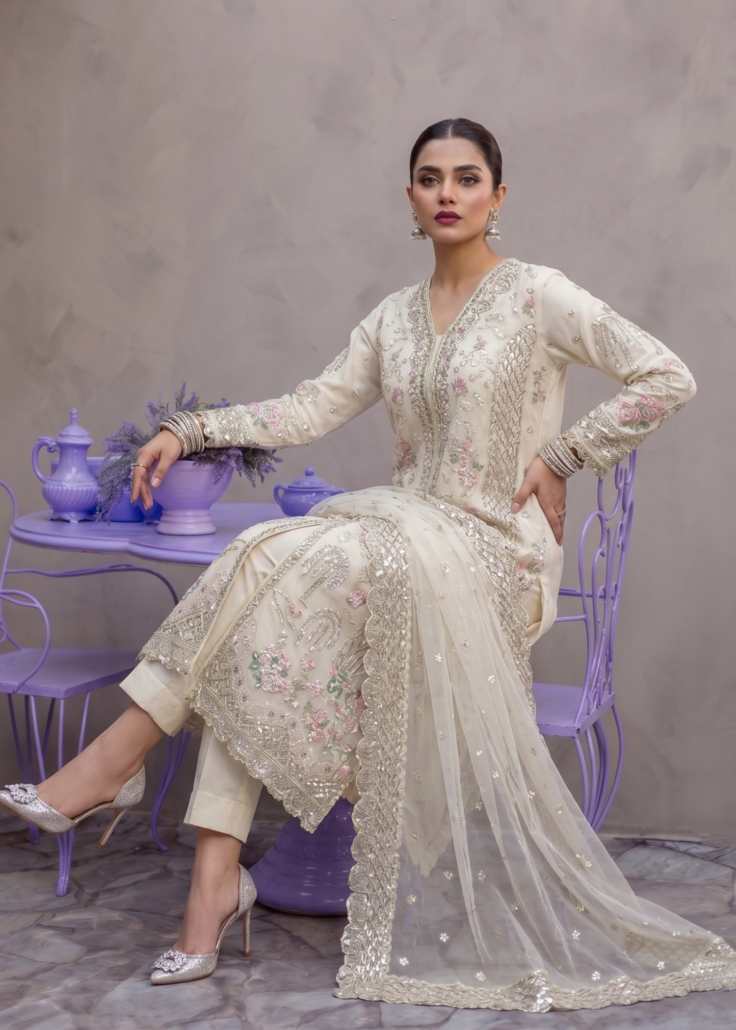 organza Kurta Set in Off-white