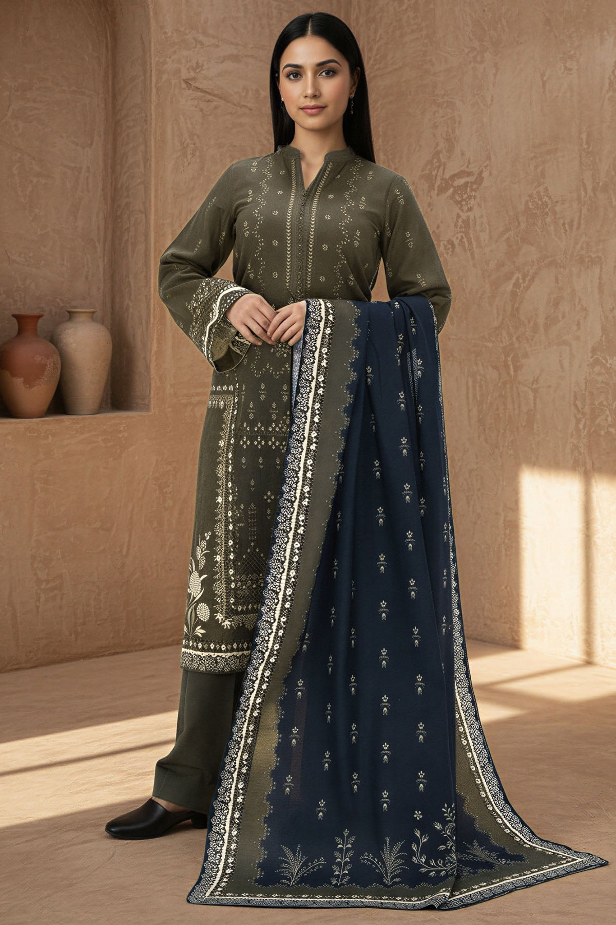 twill khaddar Kurta Set in Olive green