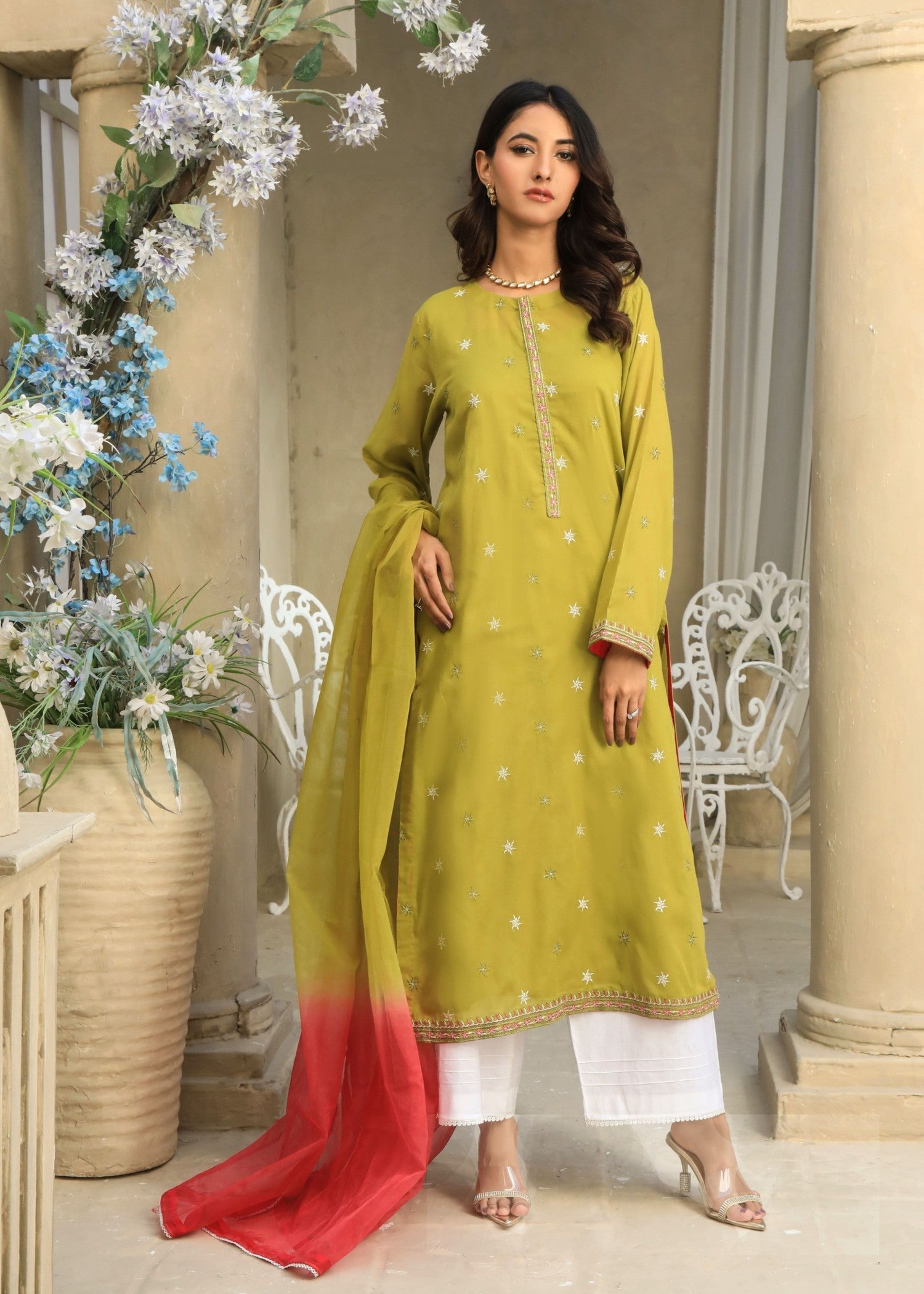 voile Kurta Set in Lime green