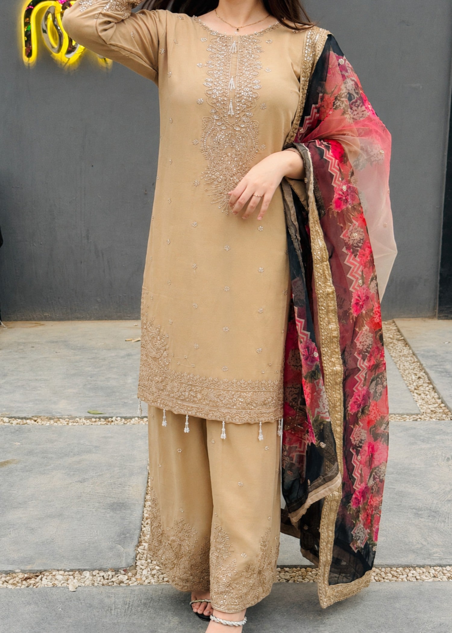 chiffon Kurta Set in Earth brown