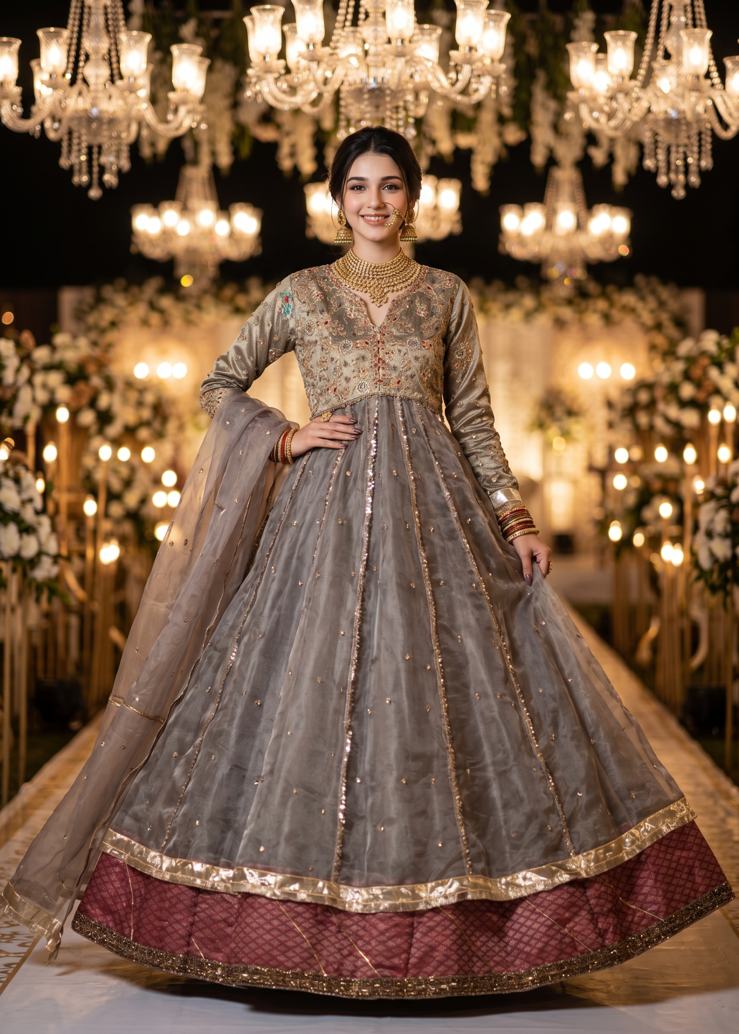 organza Pishwas in Sand brown