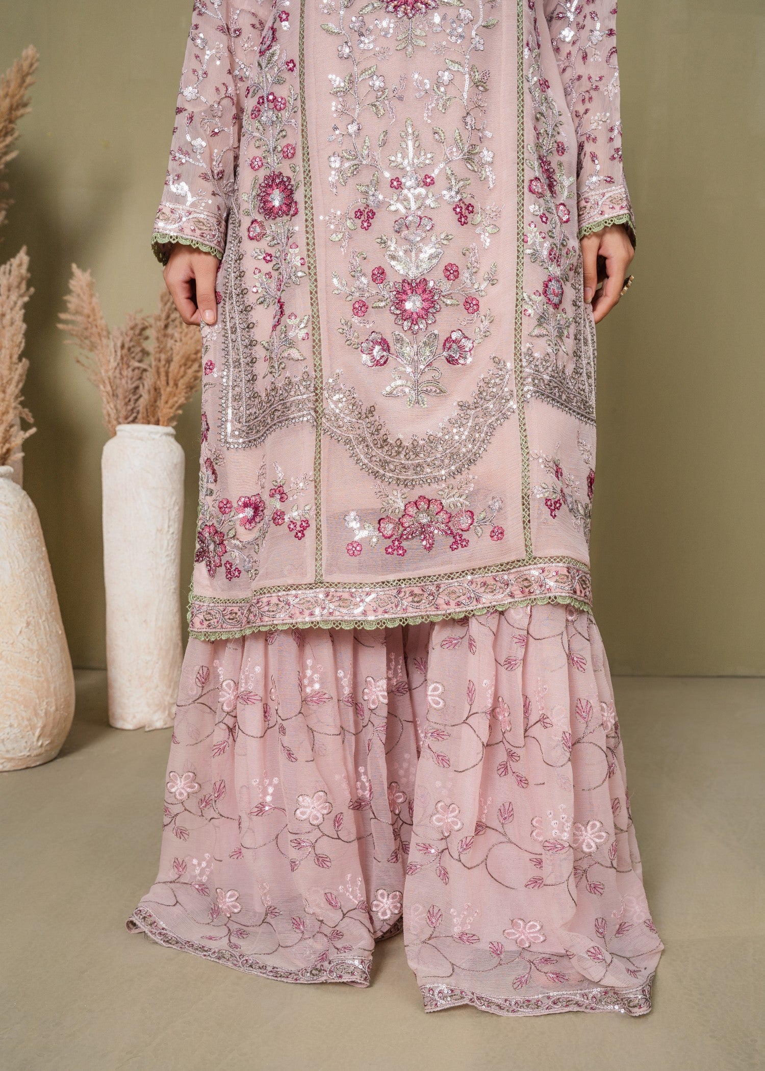 chiffon Gharara in Blush pink