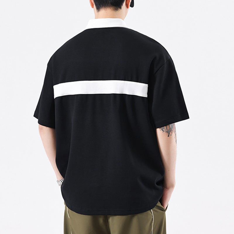 Vintage Stripe Stitching Contrast Color Loose Fashion Brand Lapel T-shirt