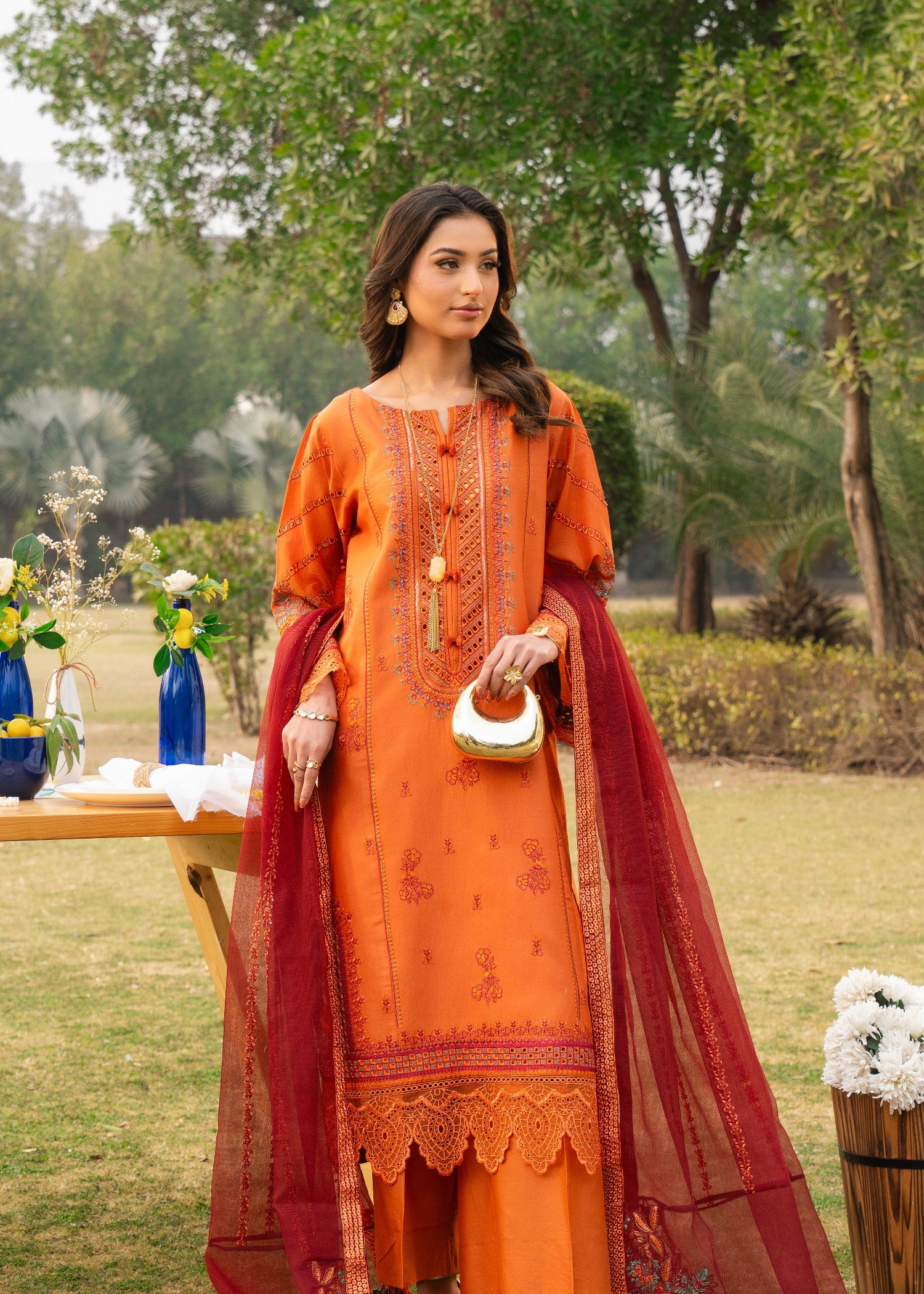 lawn Kurta Set in Pumpkin orange, spicy red